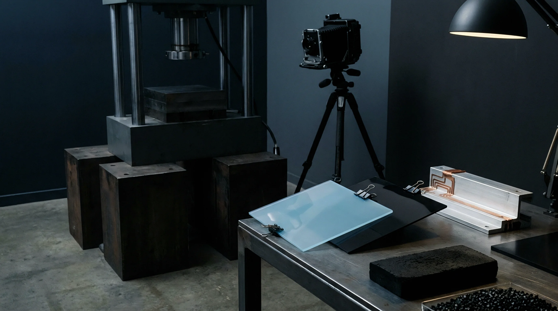 An industrial workbench displays polymer sample blocks extruded aluminum profiles raw plastic pellets and a sheet of film beside a compression press.