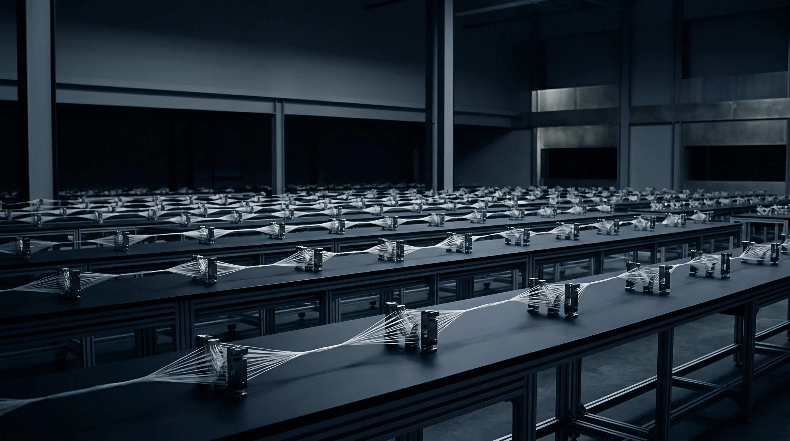 Parallel rows of metal stations process thin polymer filaments stretched across darkened factory workbenches within a large production facility.