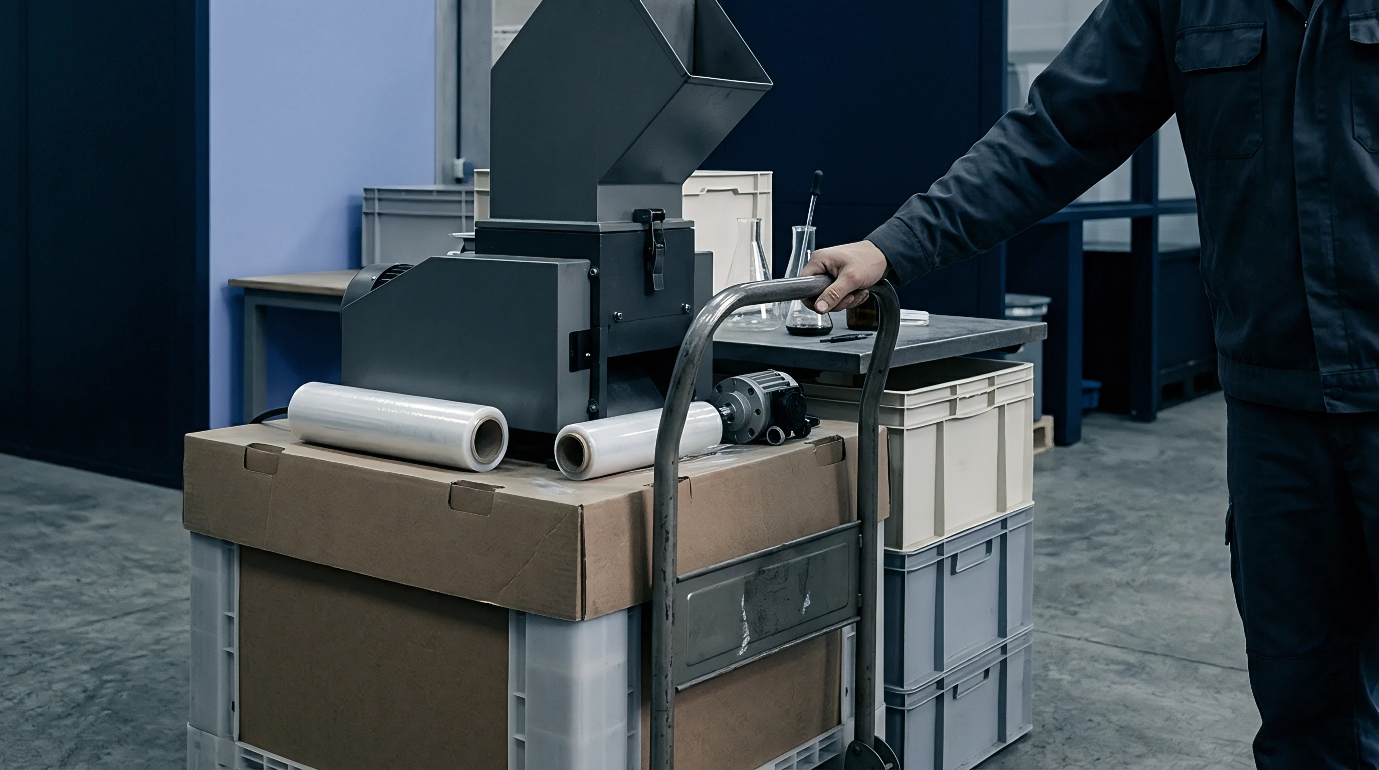 A production worker stands beside a hand truck loaded with polymer film rolls and a compact granulator machine inside a factory.