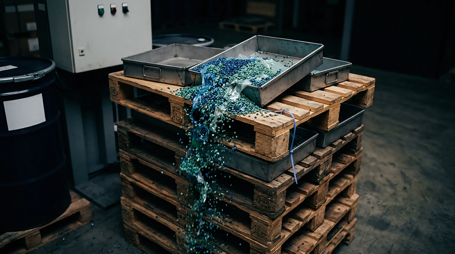 Turquoise and blue polymer granules spill from a metal tray on stacked wooden pallets in a manufacturing factory.