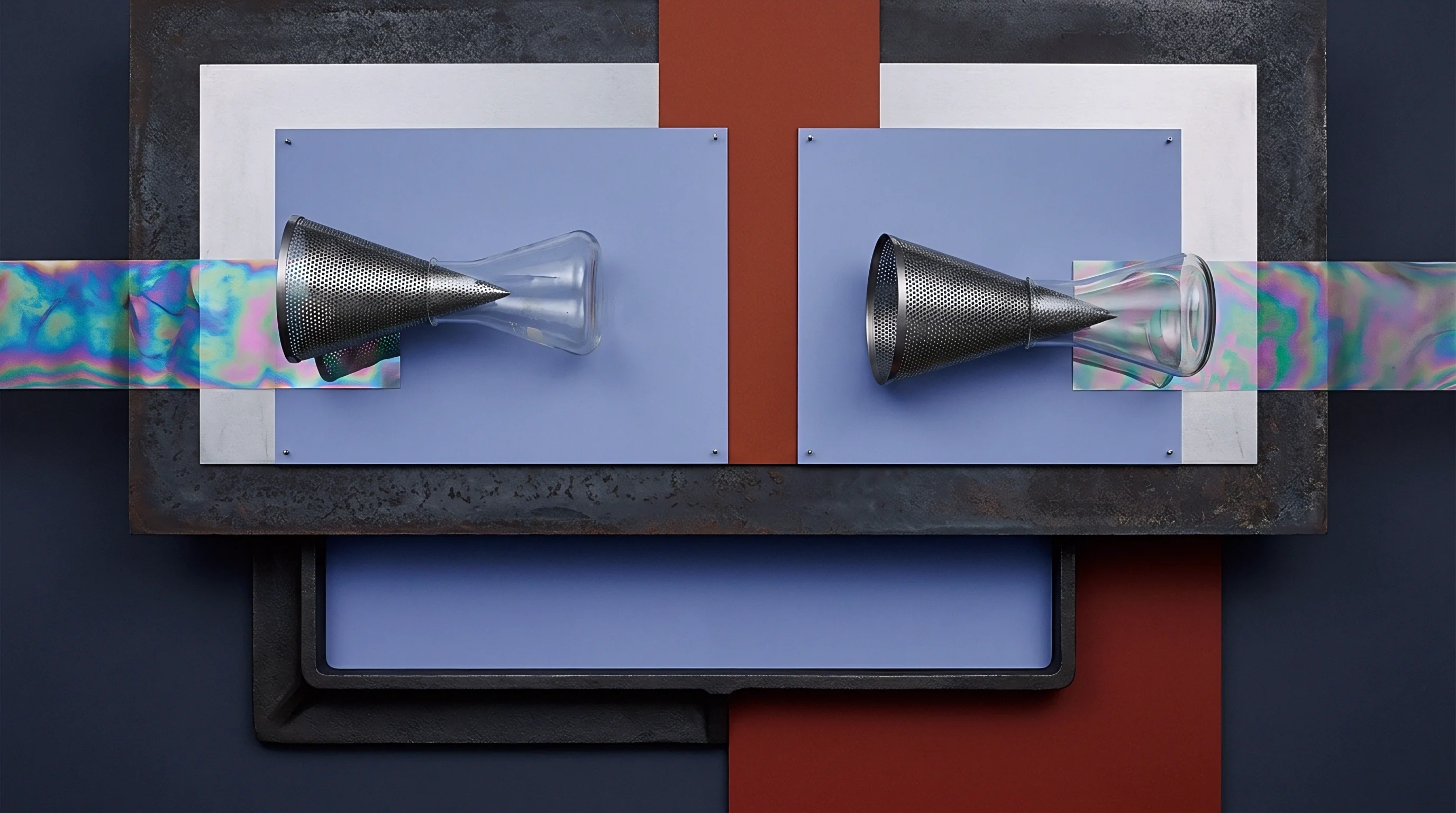 Industrial polymer processing tooling features perforated metal cones intersecting transparent molded parts aligned above iridescent extruded film sections.