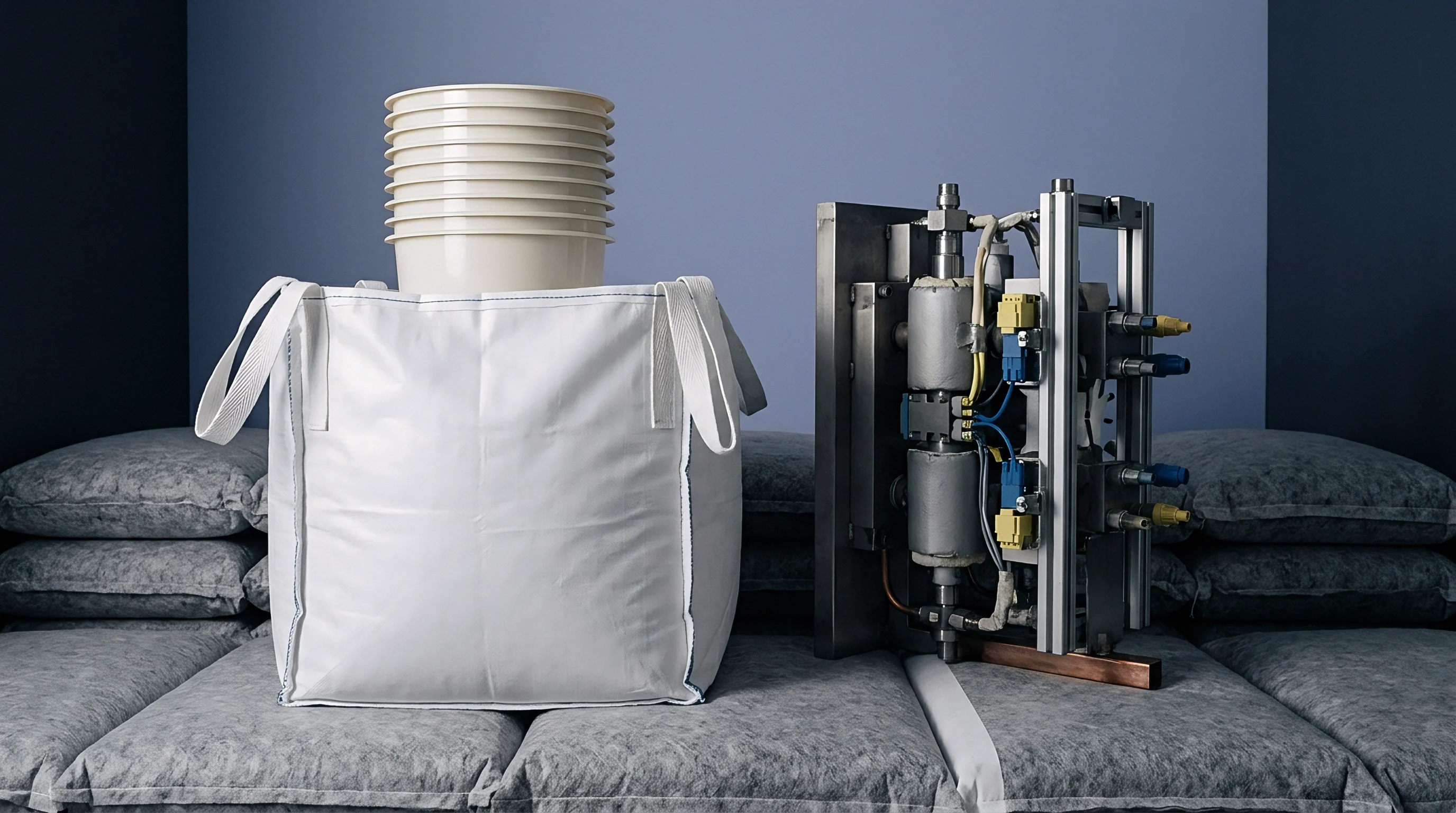 A white woven bulk bag filled with polymer granules stands next to a stack of cream plastic buckets and a compact industrial processing unit.