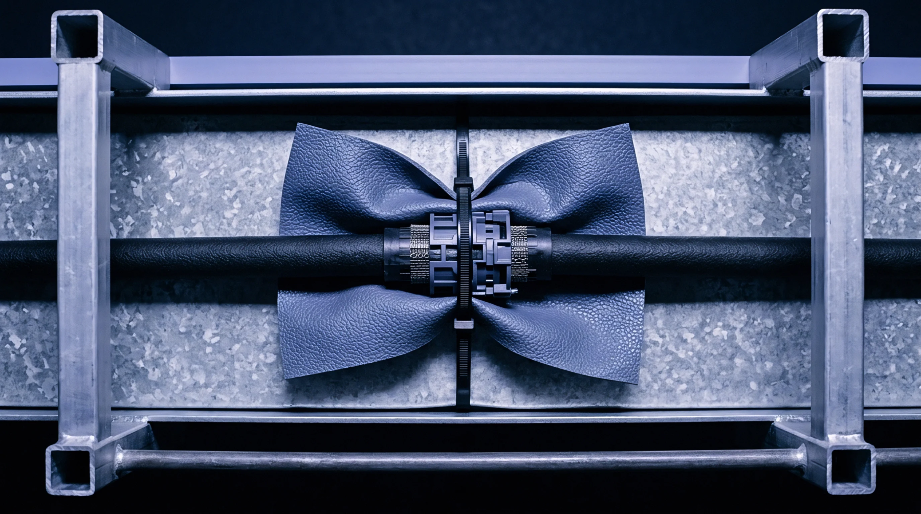Synthetic polymer film forms a protective sheath secured by a black cable tie around a flexible industrial hose within an aluminum frame.