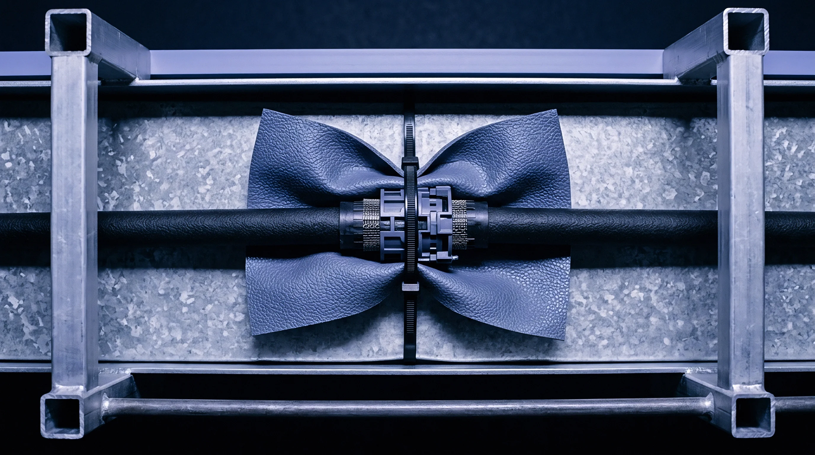 Synthetic polymer film forms a protective sheath secured by a black cable tie around a flexible industrial hose within an aluminum frame.