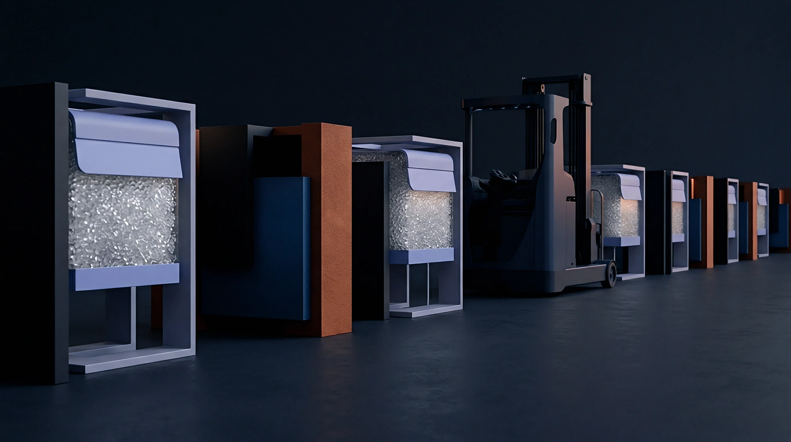 Transparent polymer resin pellets fill modular industrial containers beside a dark forklift within a digital illustration of a warehouse floor.