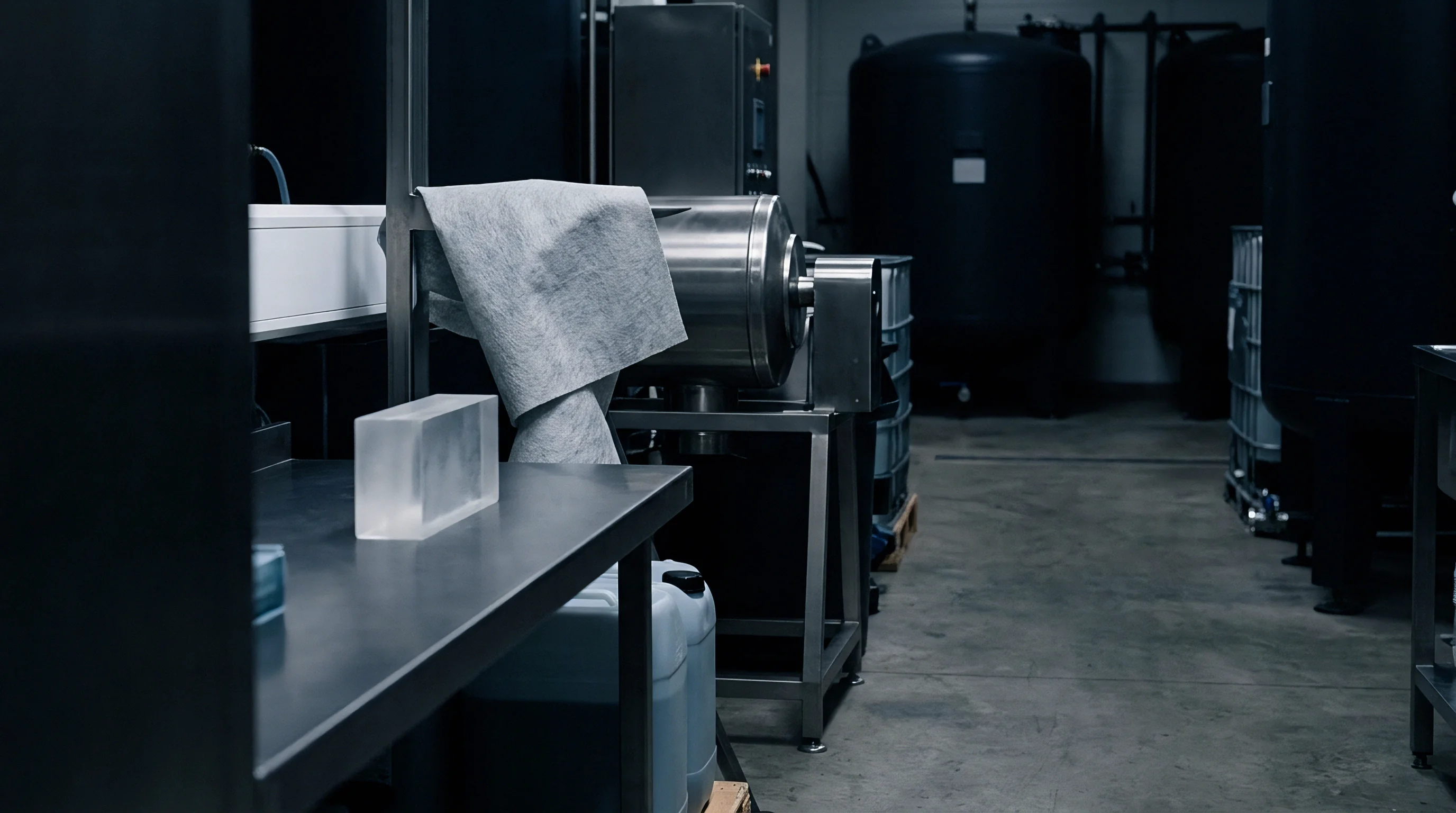 A translucent polymer block rests on a metal workbench before industrial processing machinery and large chemical storage tanks in a factory.