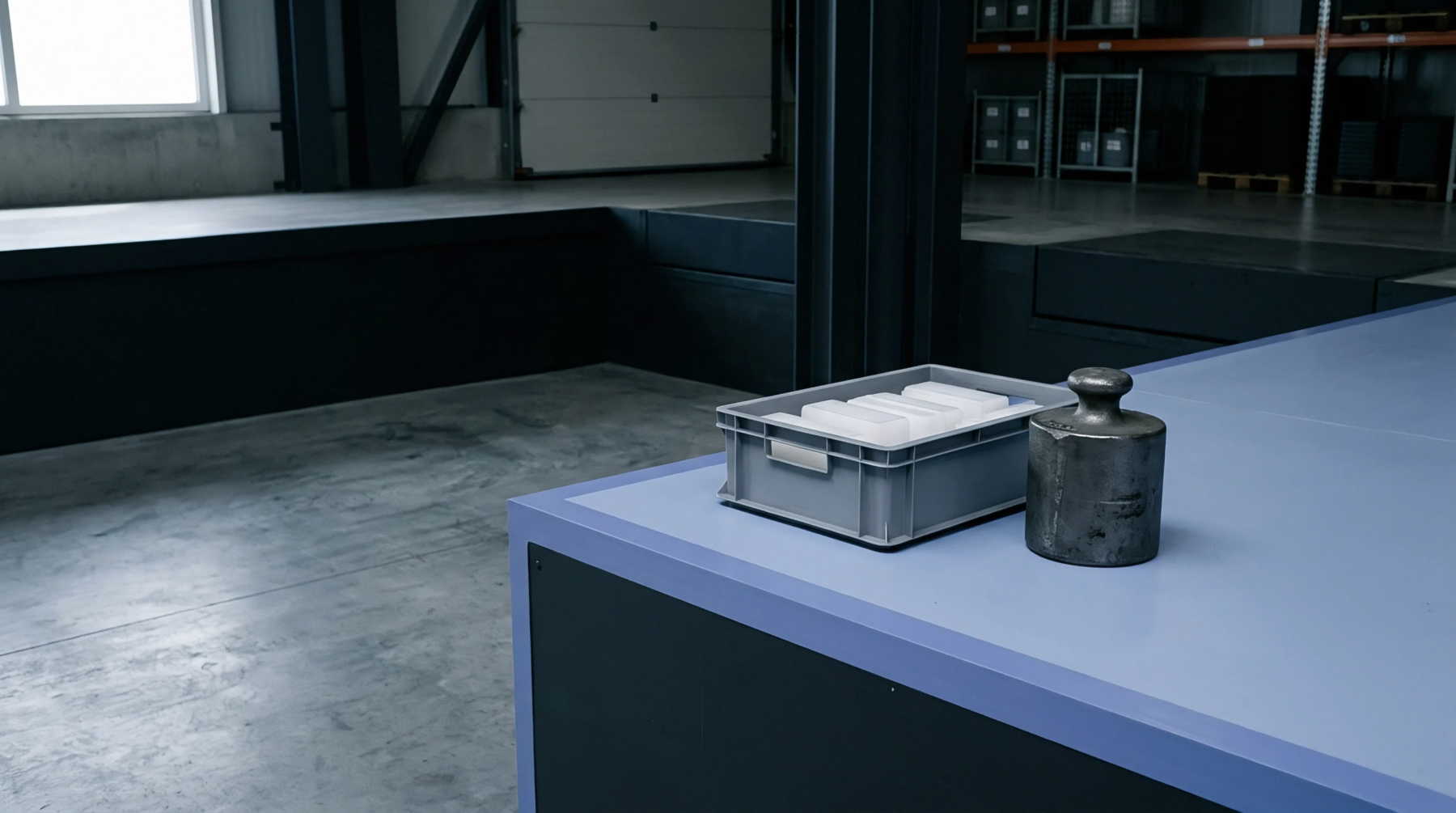 A grey crate holds rectangular polymer blocks on a blue workspace surface near a heavy iron calibration weight in an industrial facility.