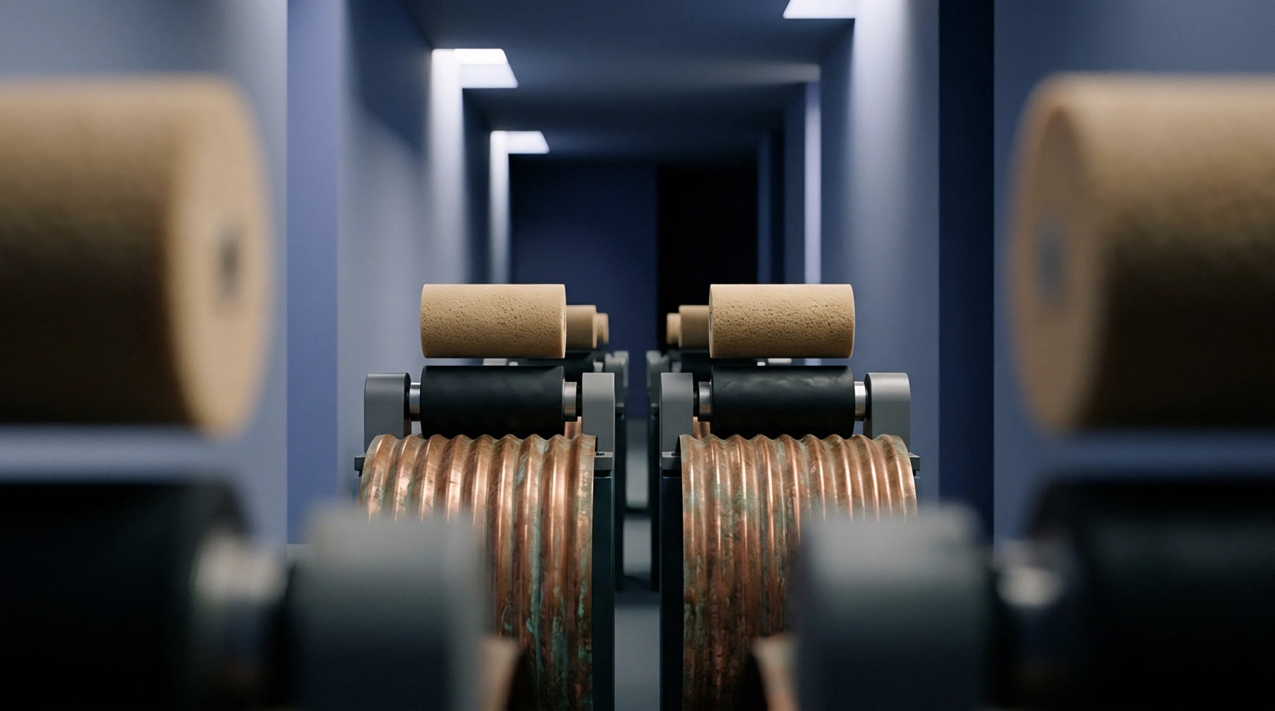 Industrial rollers transport polymer material through a sterile production corridor designed for continuous film extrusion and material processing lines.