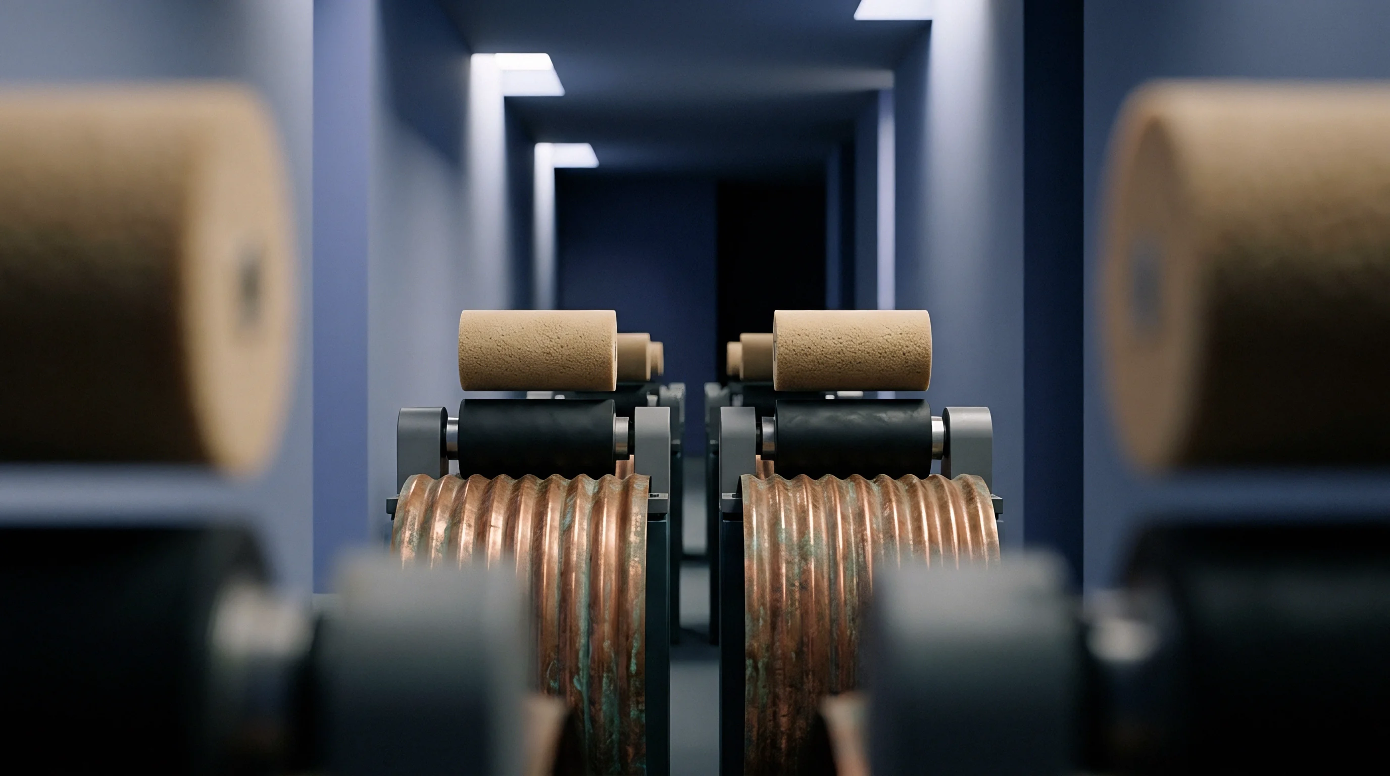 Industrial rollers transport polymer material through a sterile production corridor designed for continuous film extrusion and material processing lines.