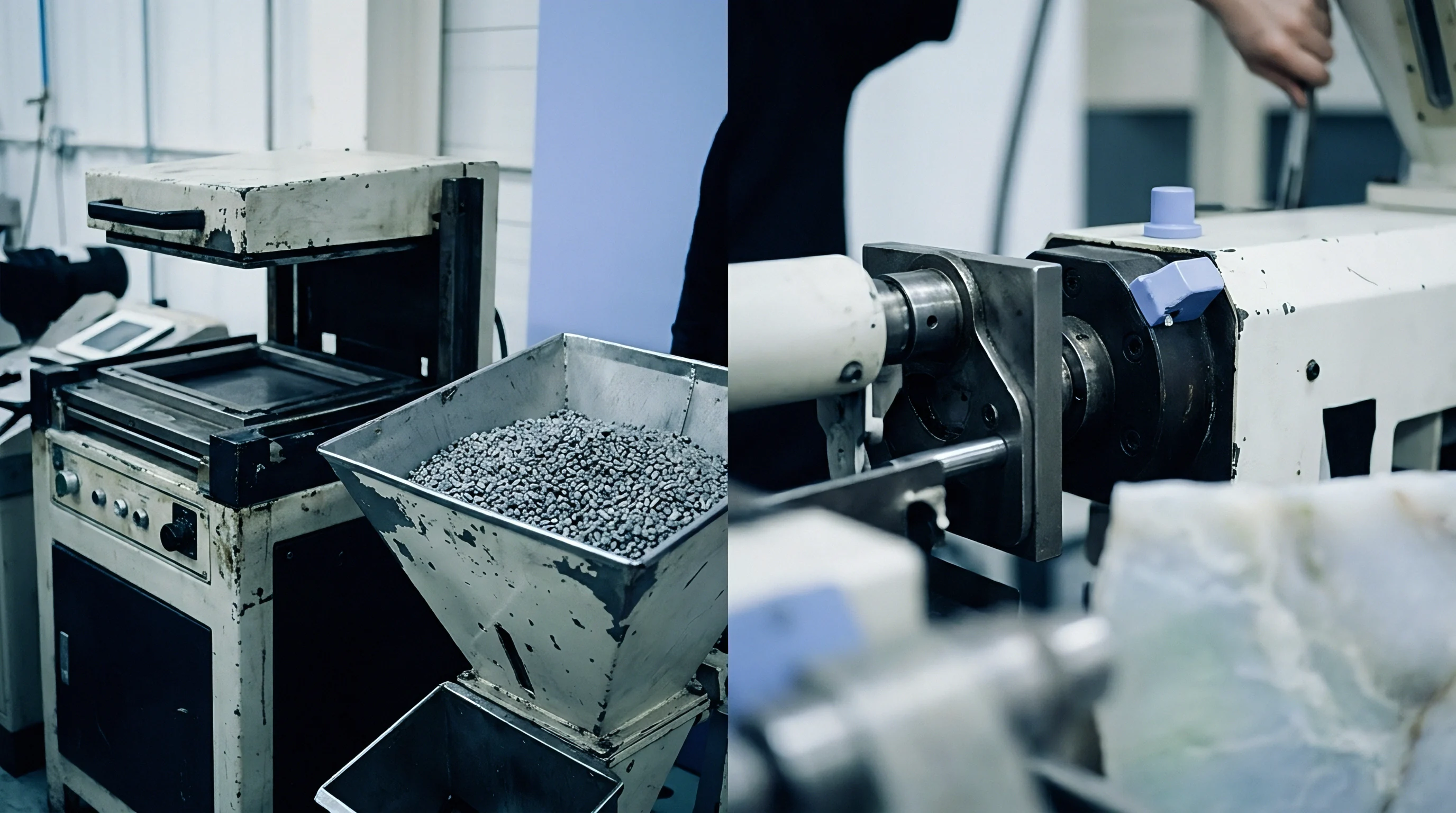 A metal hopper containing small grey polymer pellets sits next to a large stationary moulding press inside a brightly lit industrial facility.