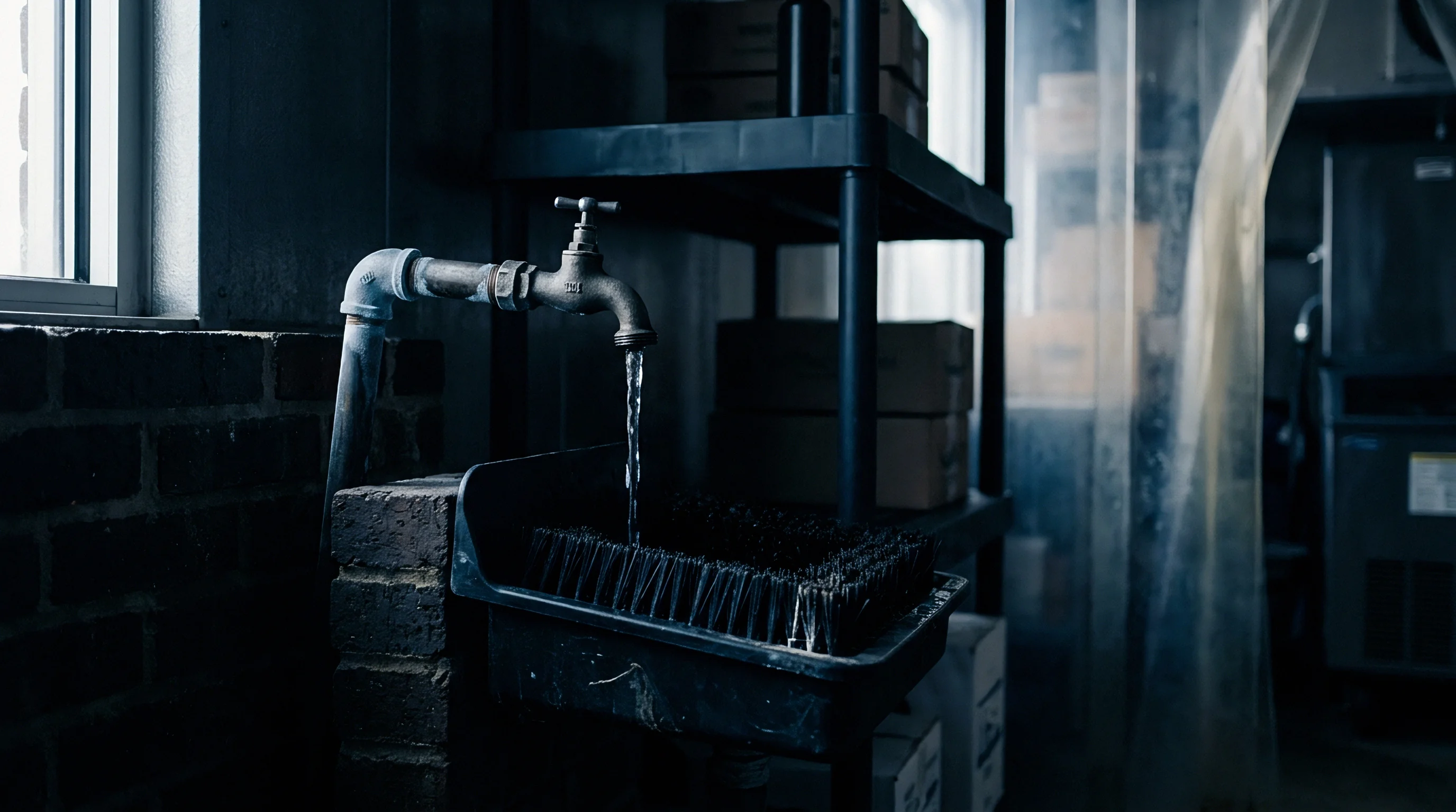 Galvanized metal water pipe and brass tap deliver a steady stream into a molded plastic maintenance sink inside a production facility.