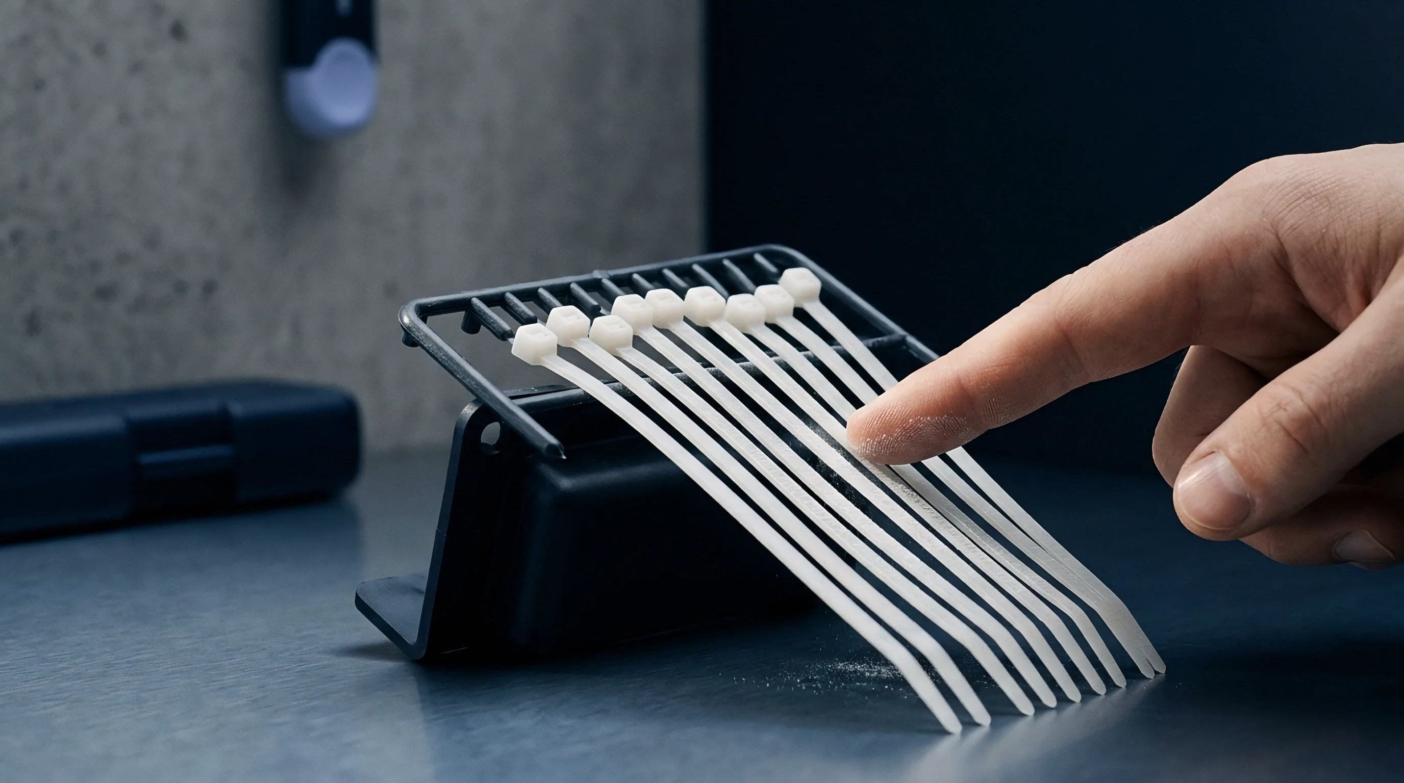 A row of white injection molded nylon cable ties remains attached to a plastic sprue after removal from the production tool cavity.