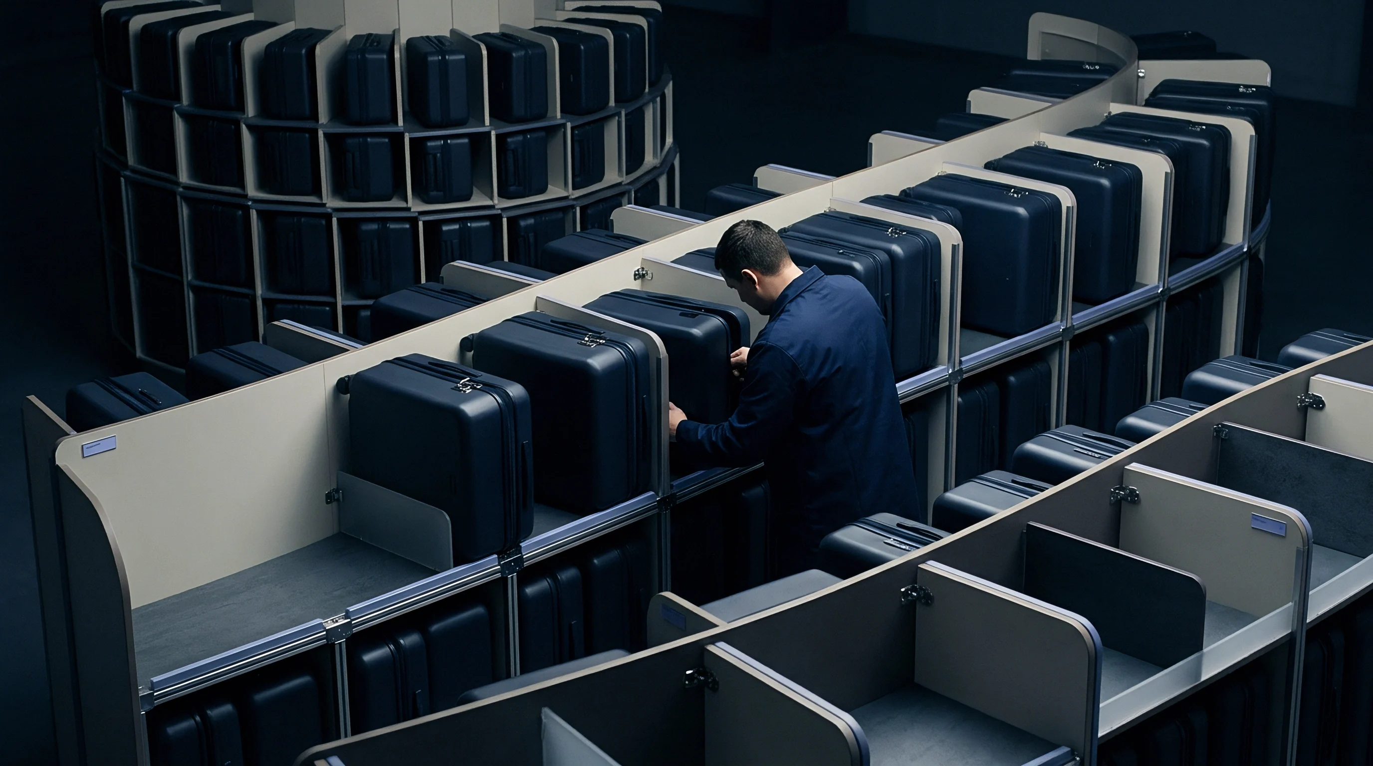 A technician organizes dark injection molded polymer equipment cases within a tiered modular storage structure inside a darkened industrial production facility.