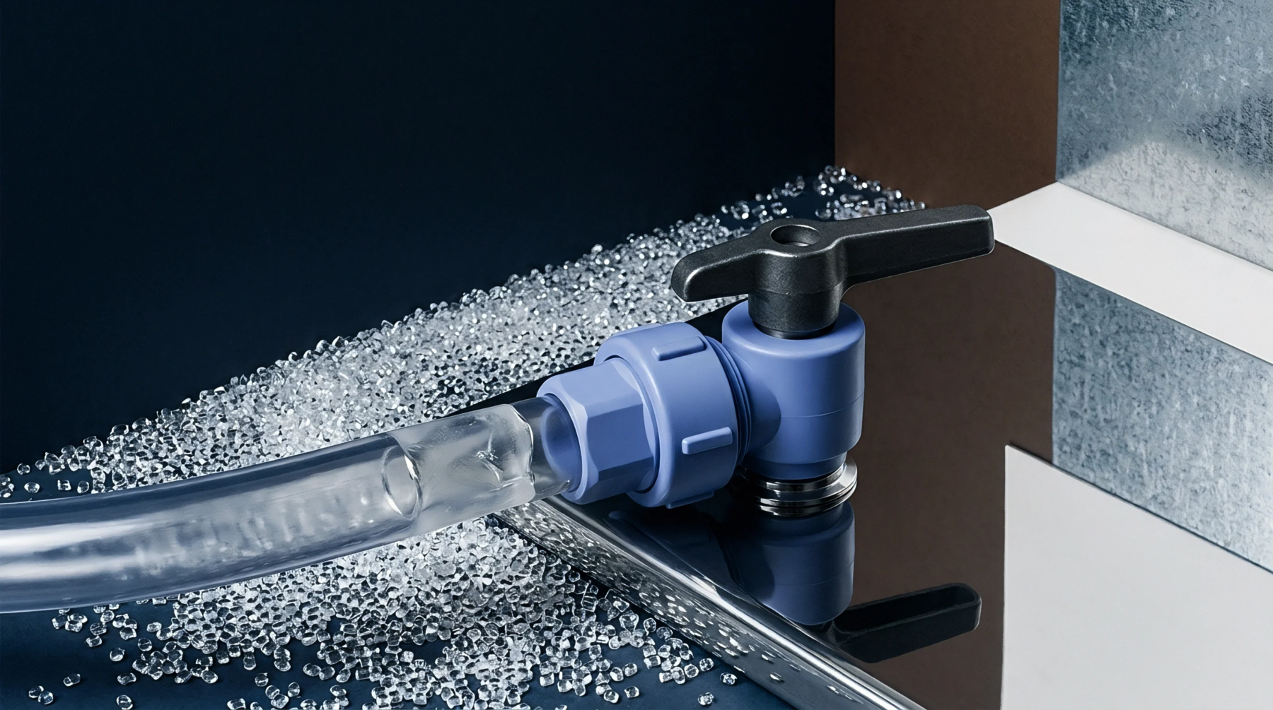 A blue plastic ball valve with a black lever connects to a transparent hose atop a bed of clear polymer granules.