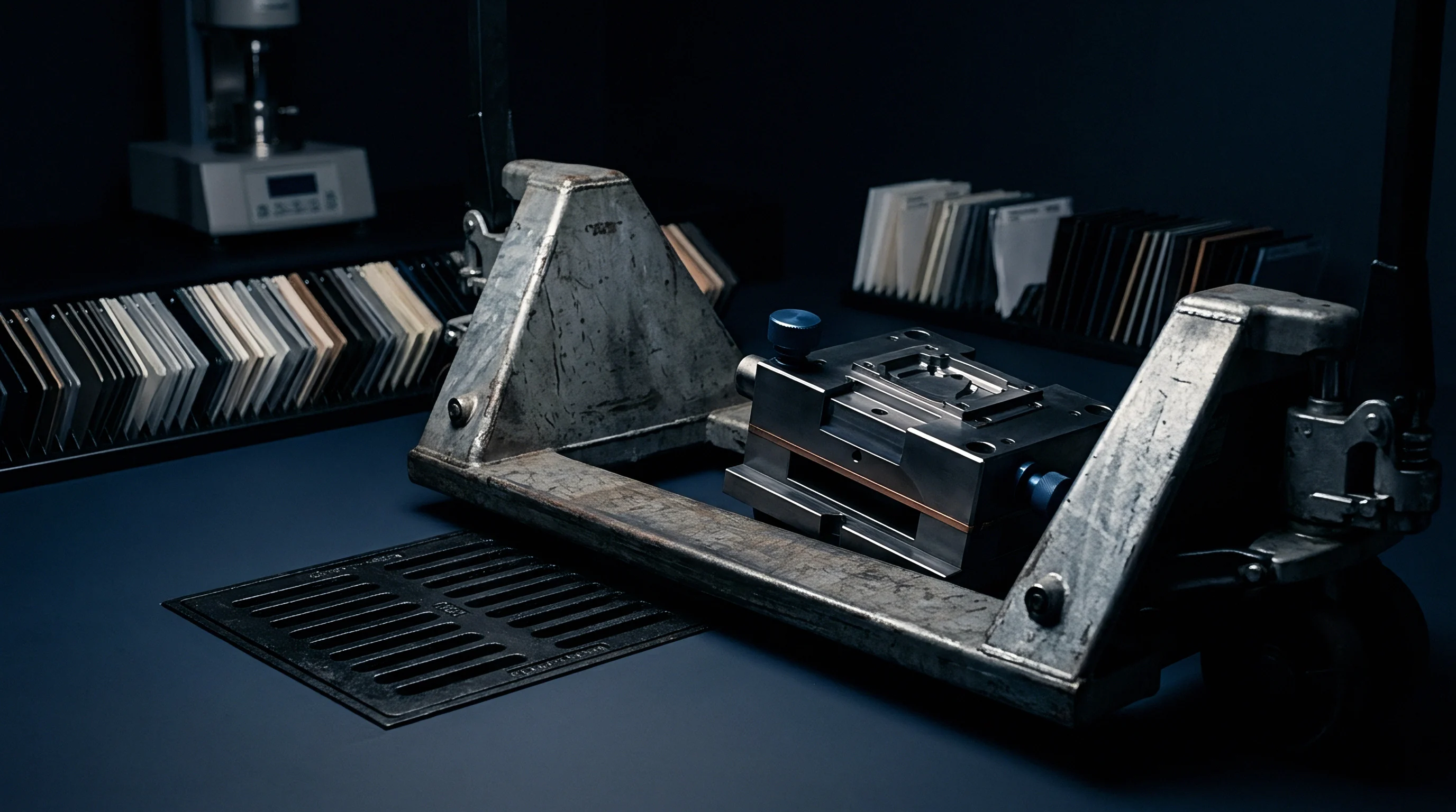A metal injection mould tool rests on a manual lifting frame in a testing laboratory surrounded by plastic material sample swatches.