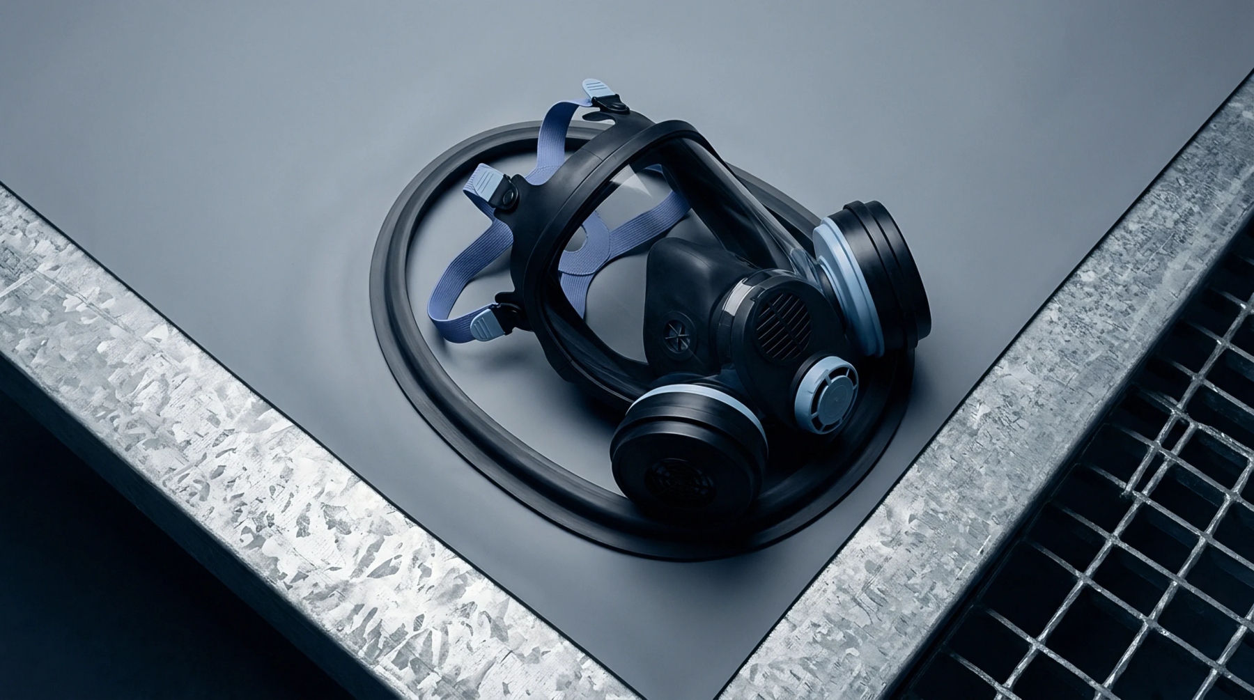 An injection moulded silicone full face respirator with polycarbonate visor and polymer filter cartridges rests on a grey industrial workstation surface.