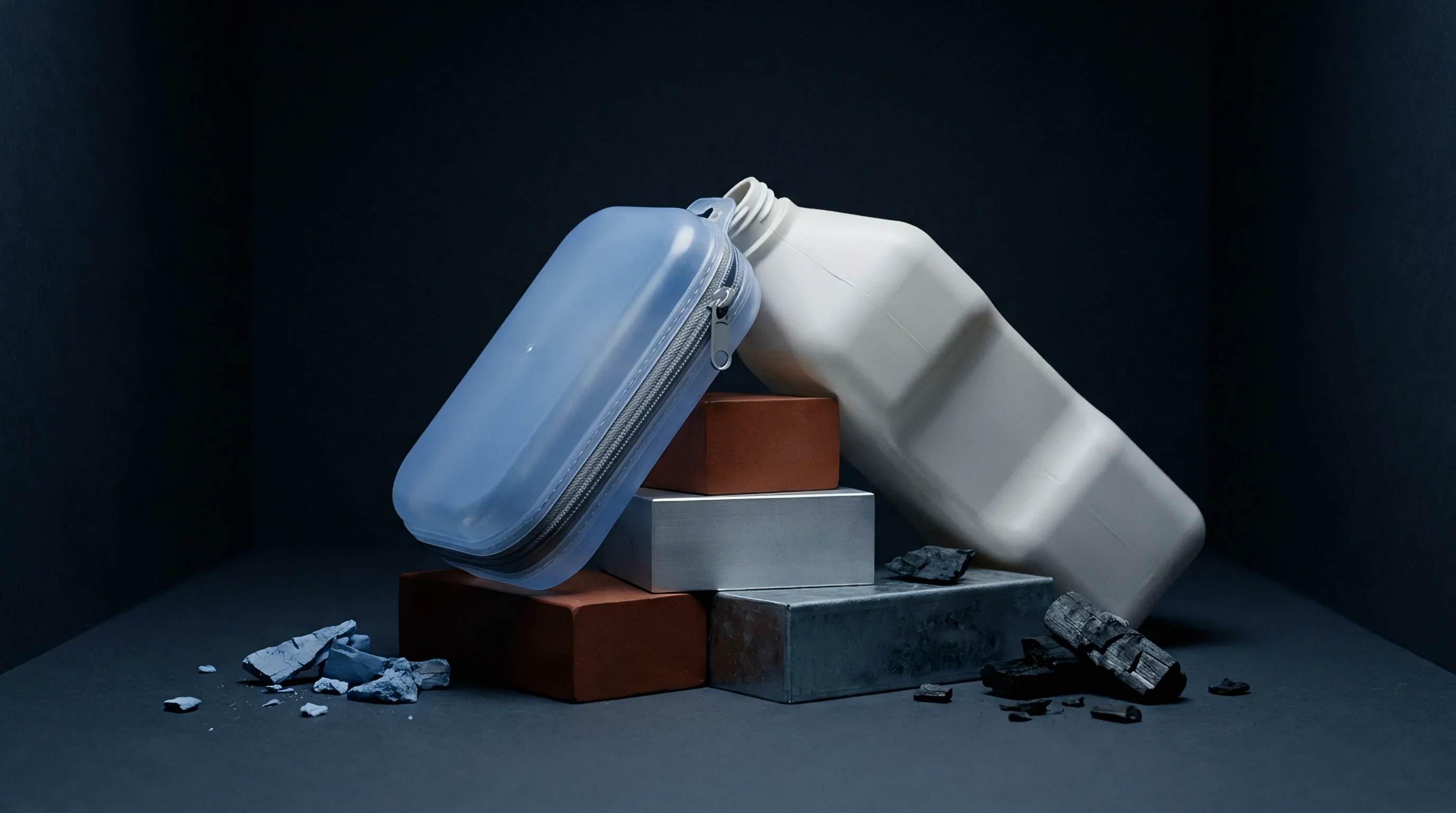 Blow molded white polymer containers and injection molded blue polymer cases rest upon metal and masonry blocks amid raw material fragments.