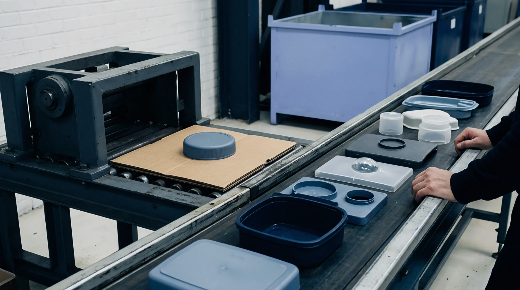 Various grey blue and clear plastic moulded containers and lids move along a manufacturing conveyor belt near a machine and bins.