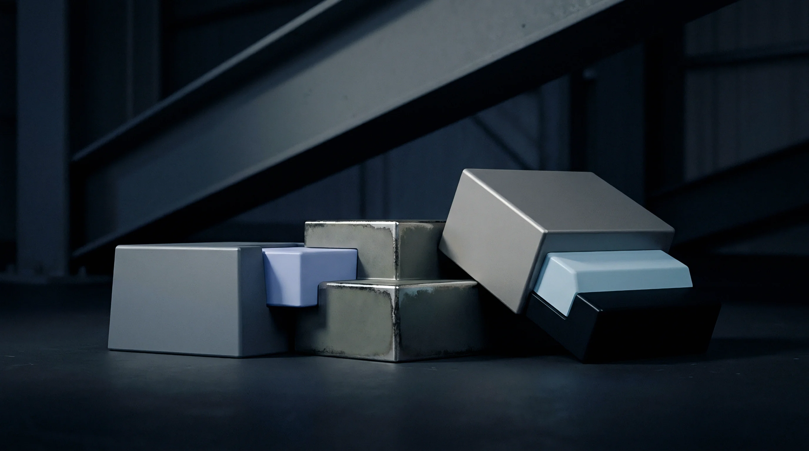 Various precision engineered components, including metallic-toned blocks and pastel polymer inserts, are arranged on a dark industrial floor.