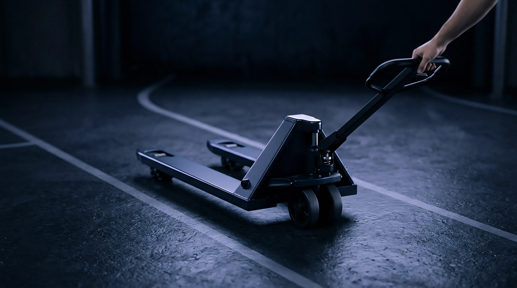 A hand pallet truck rests on a marked factory floor ready for moving raw materials and molded polymer products within a manufacturing facility.
