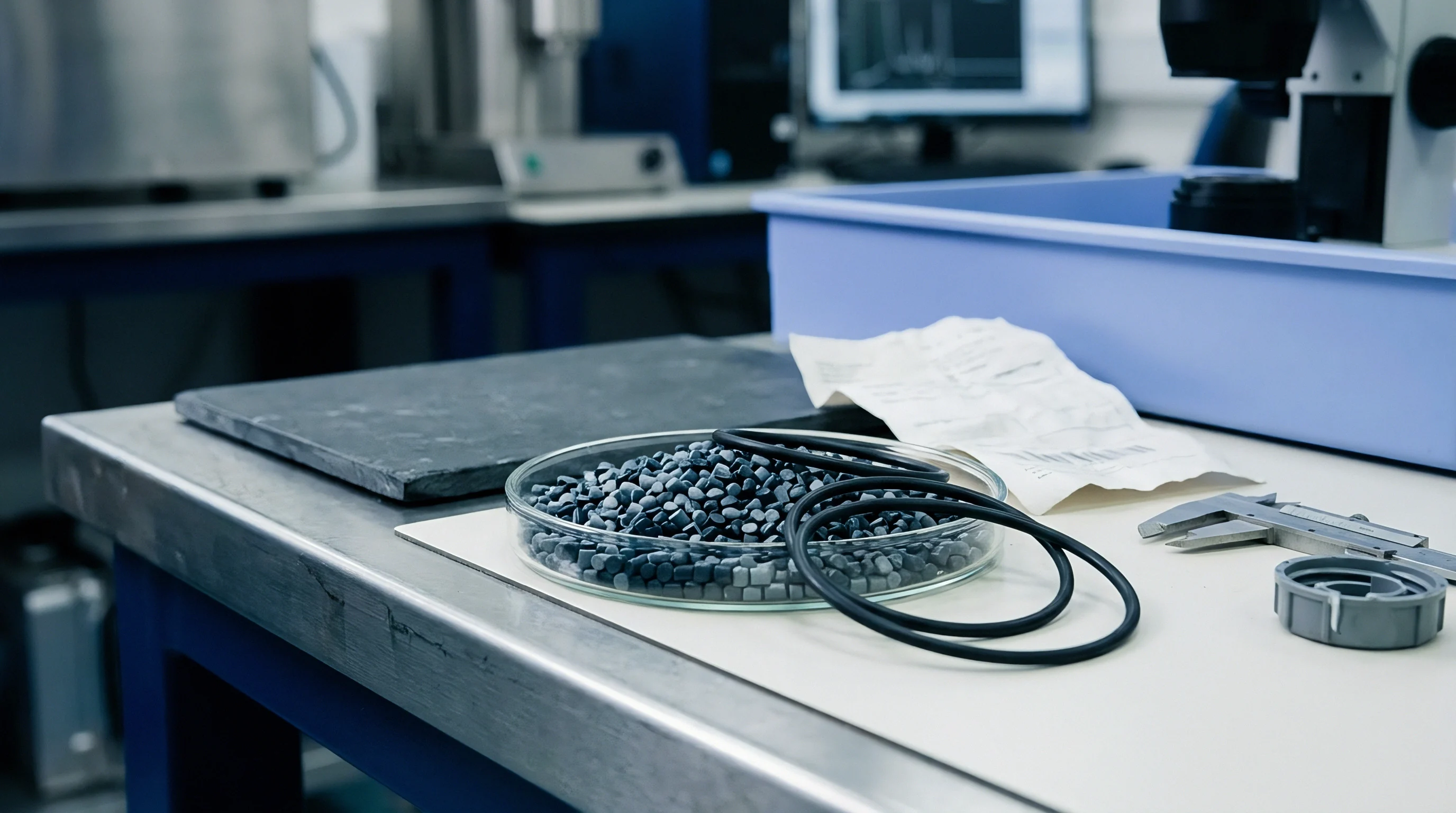 Grey polymer granules sit in a glass dish alongside rubber sealing rings and precision measuring tools on a workbench in a material testing laboratory.