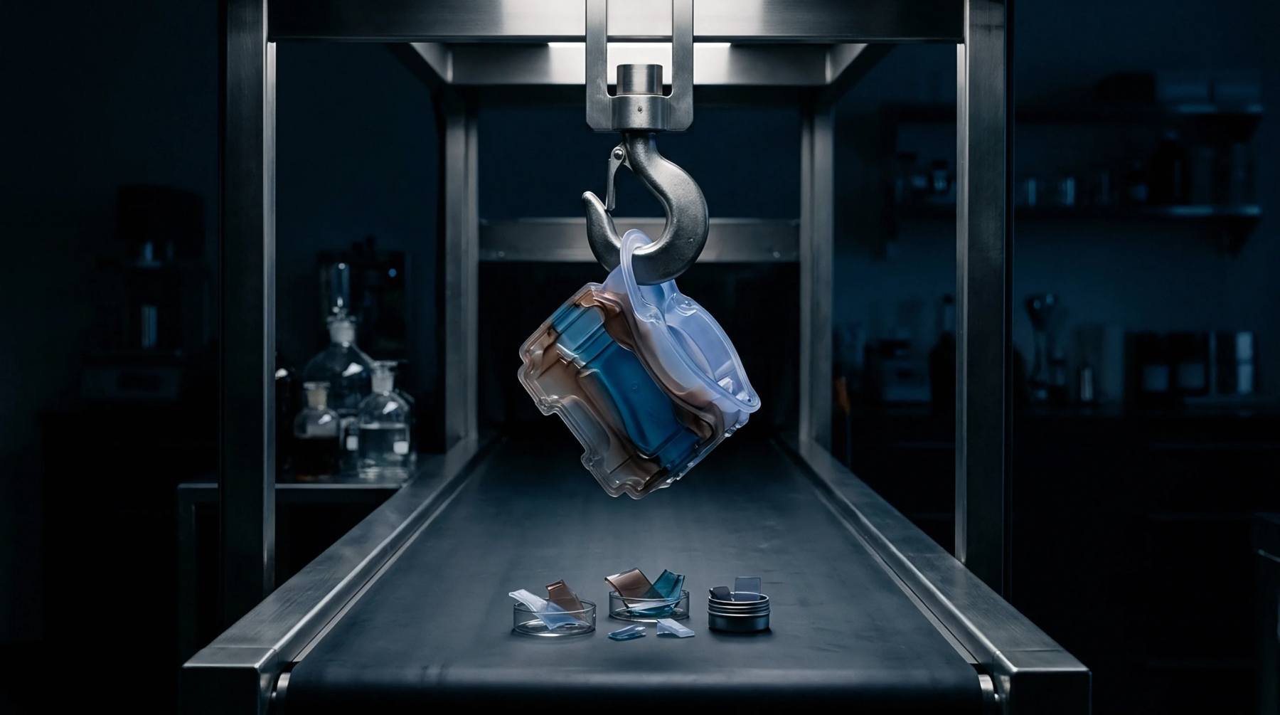A mechanical hoist lifts a collection of various clear, blue, and brown polymer fragments above a conveyor belt in a processing environment.