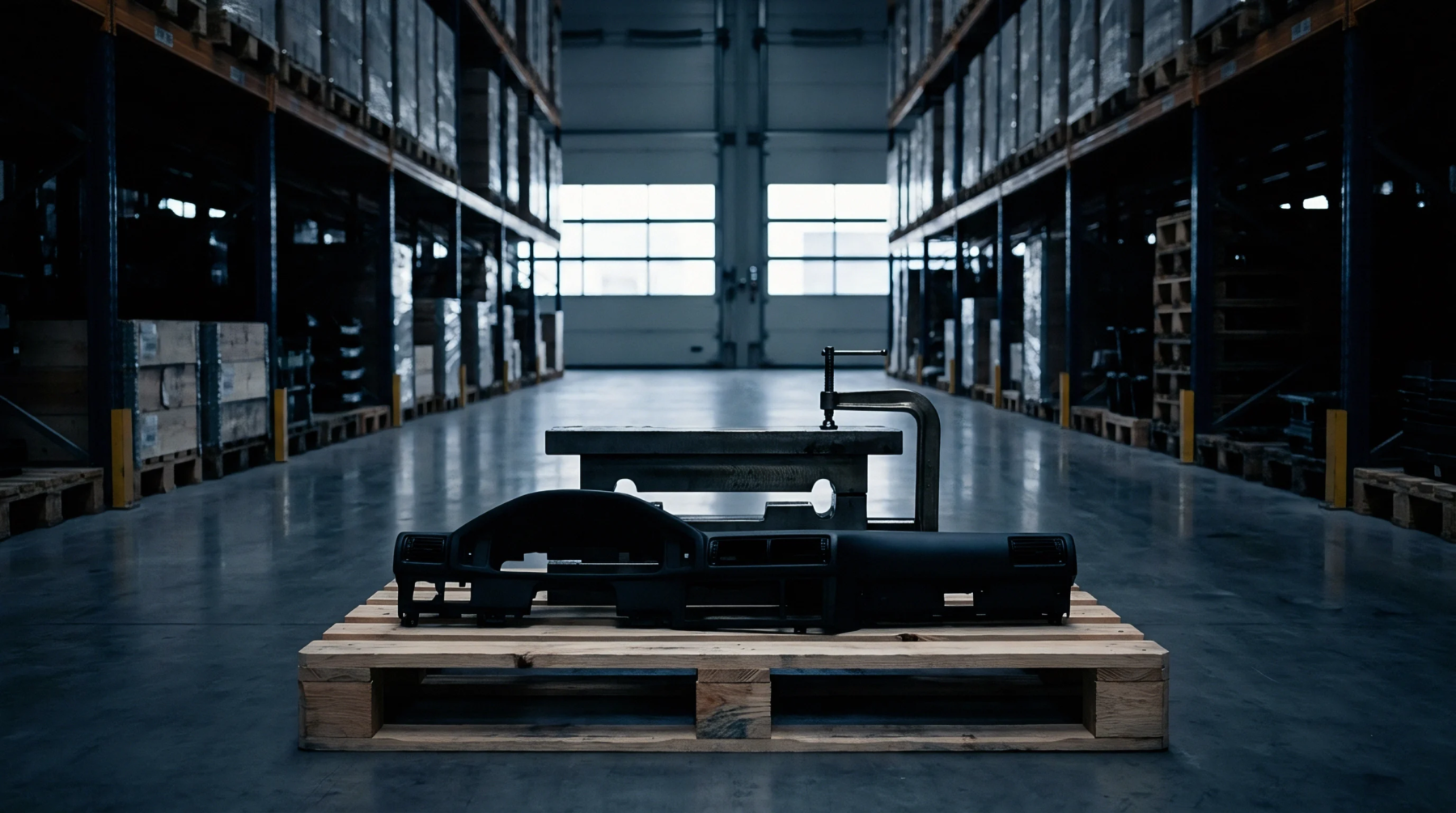 A black polymer dashboard component rests on a wooden pallet inside a vast industrial warehouse alongside steel tooling.