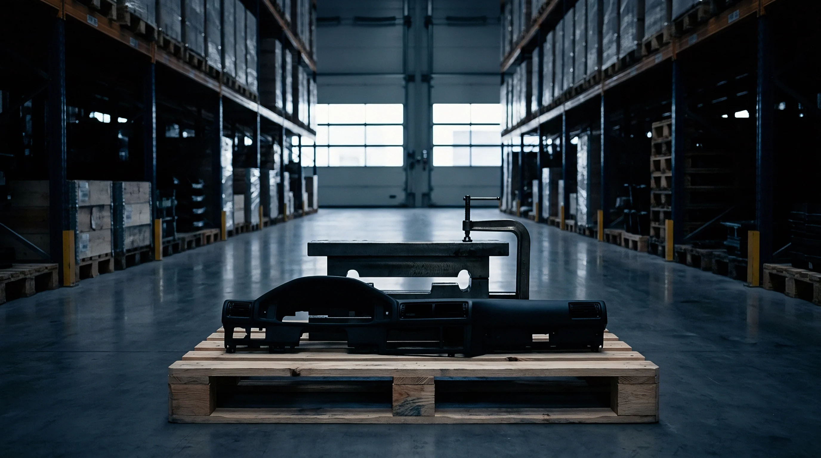 A black polymer dashboard component rests on a wooden pallet inside a vast industrial warehouse alongside steel tooling.