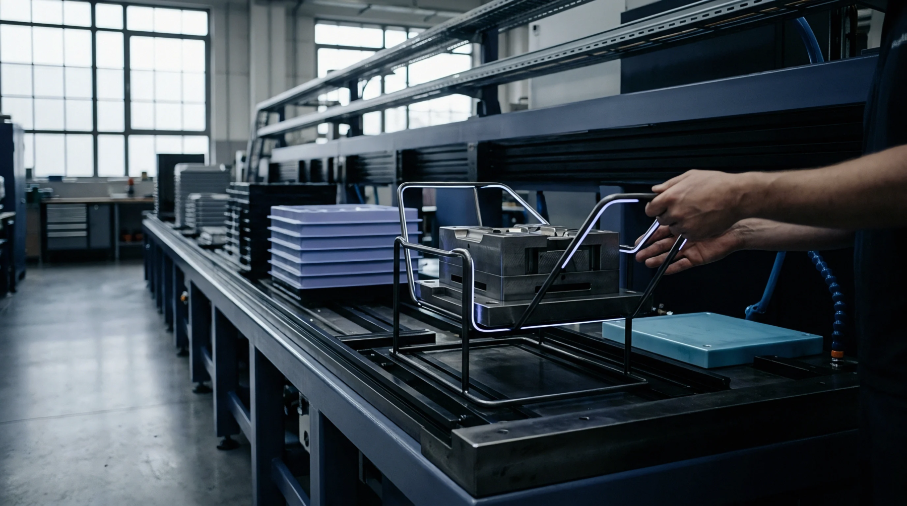 A manufacturing technician carefully positions a heavy steel injection mold component onto a production line within a precision machining workshop.