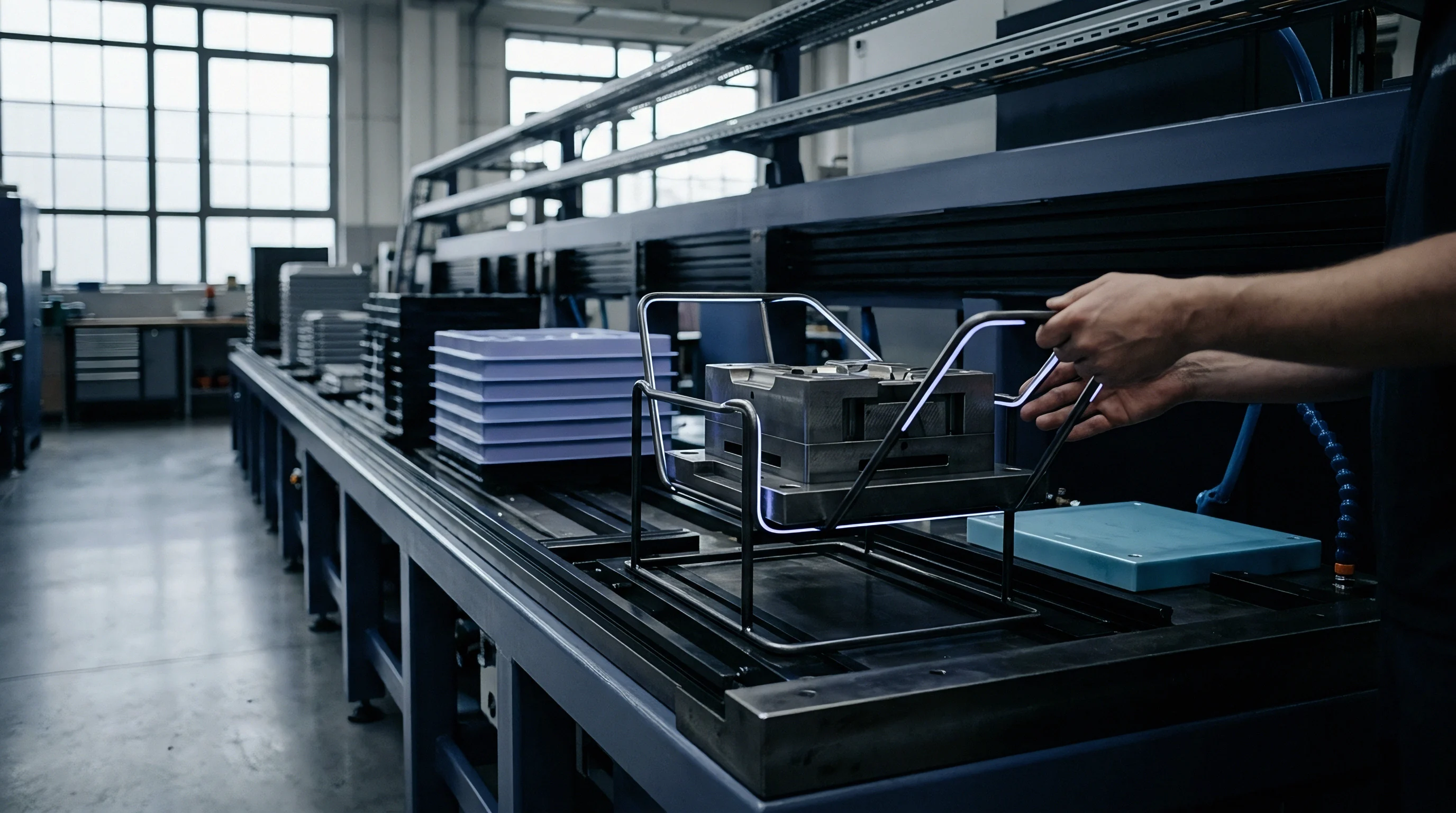 A manufacturing technician carefully positions a heavy steel injection mold component onto a production line within a precision machining workshop.