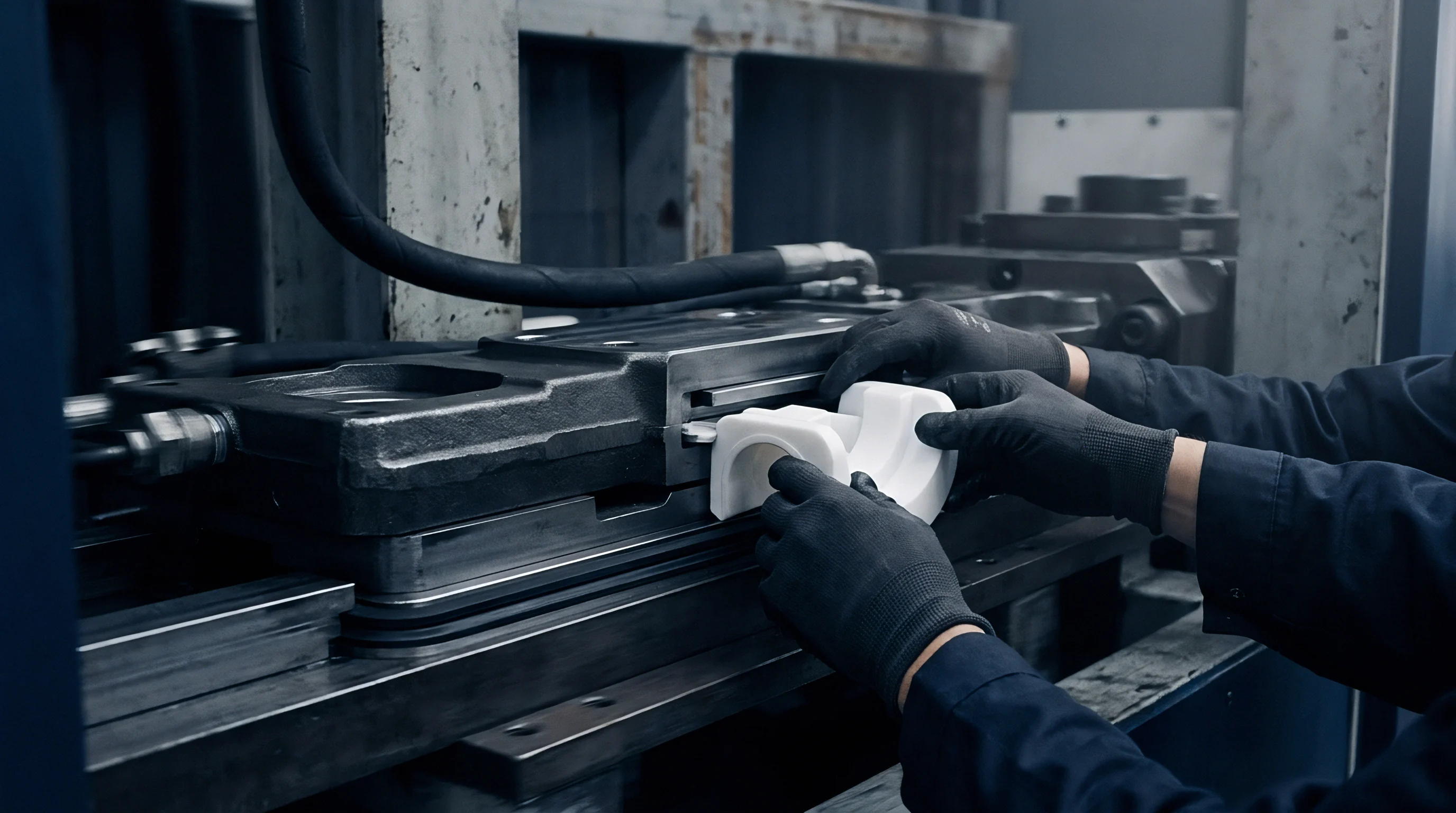 An industrial operator wearing protective gloves inserts a white polymer moulded part into a precision steel tooling assembly on the production floor.