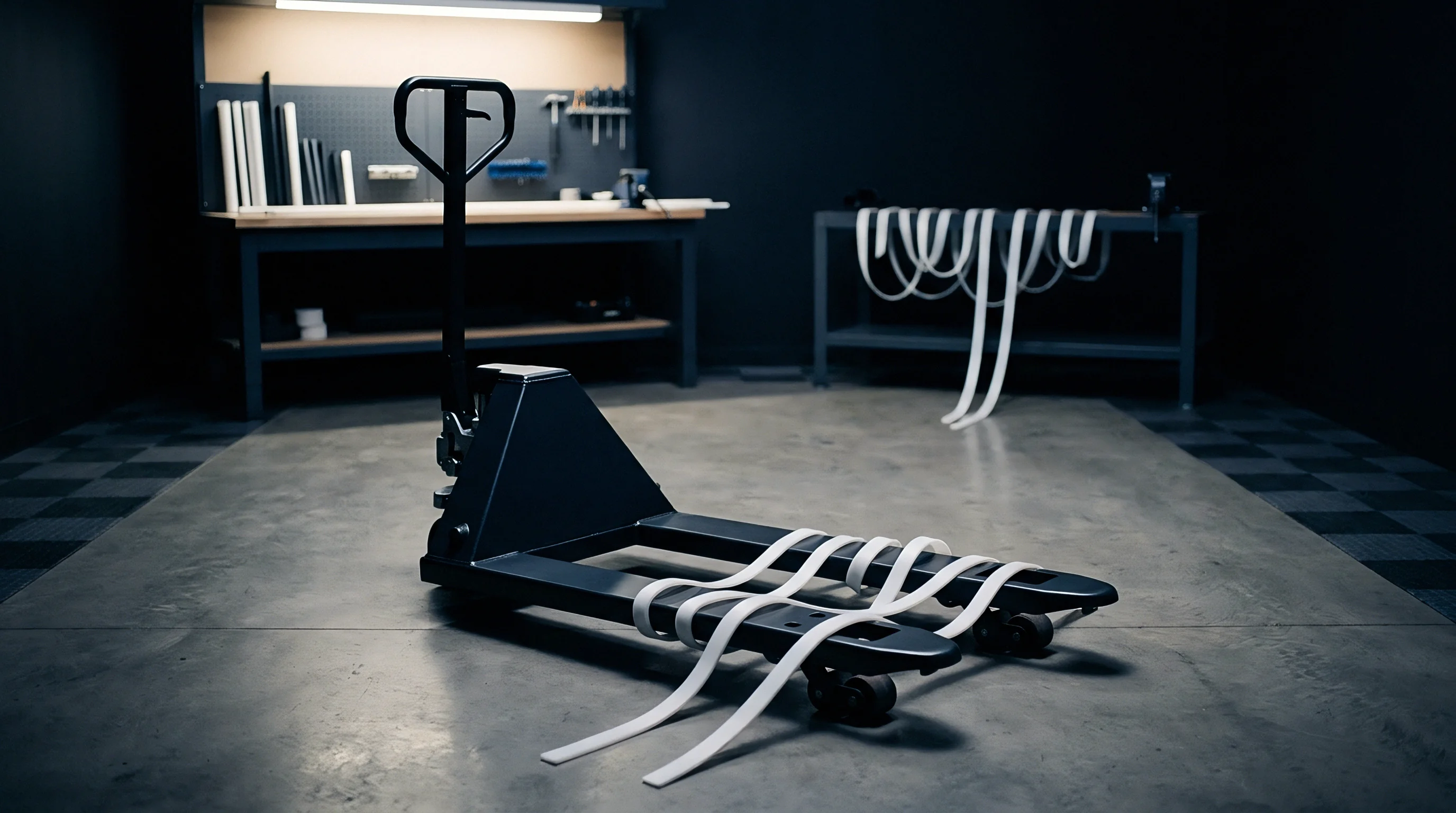 A dark grey manual pallet jack rests on a concrete floor in a production workshop, its forks loosely bound by white strapping material.