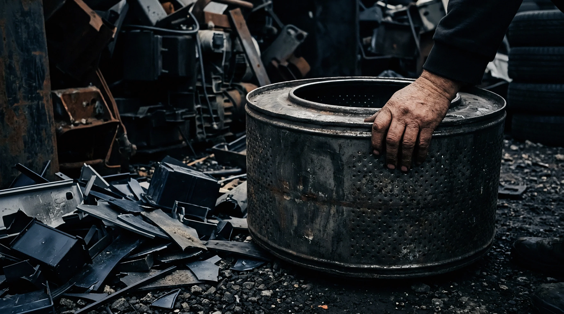 A worn hand rests on a perforated metal drum amidst piles of assorted industrial and domestic scrap materials at a reclamation facility.