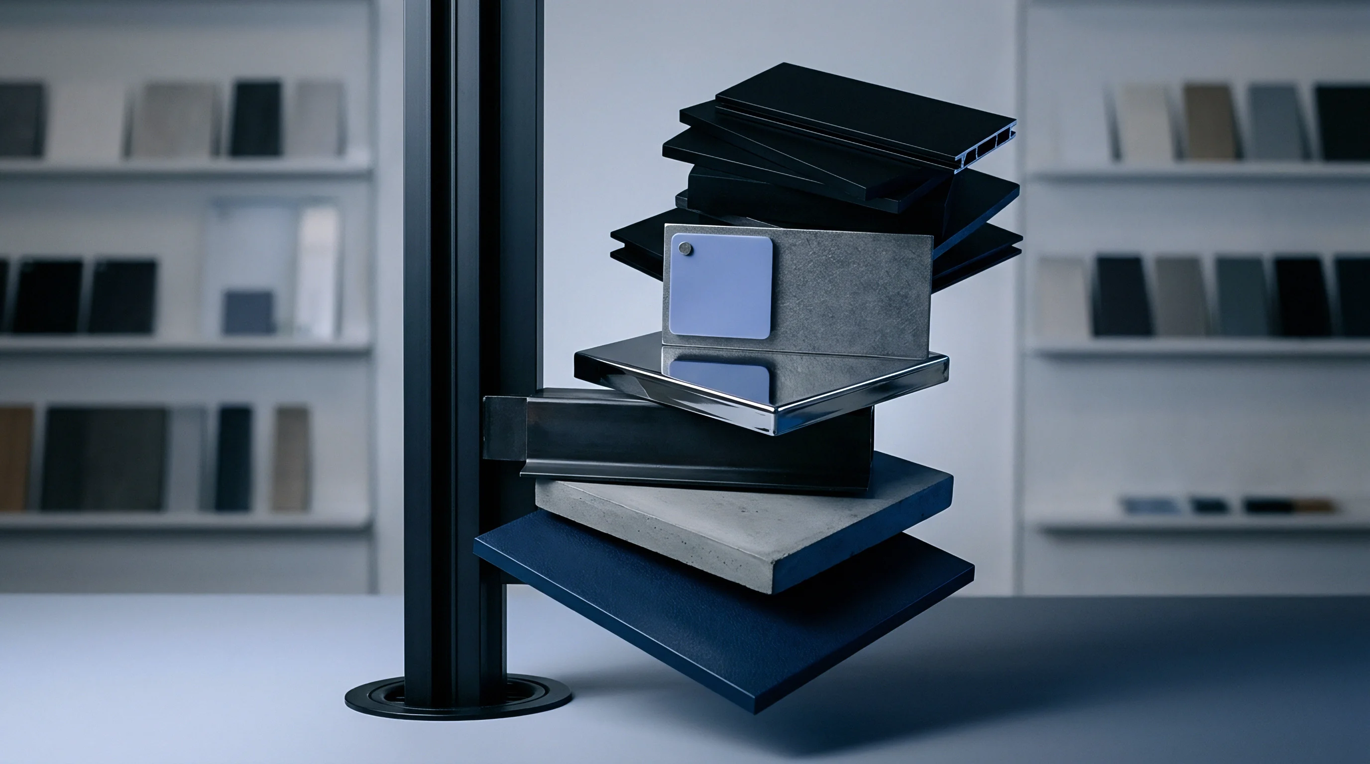 A rack of industrial material samples features stacked polymer sheets and metallic plates alongside composite test blocks arranged for manufacturing evaluation.