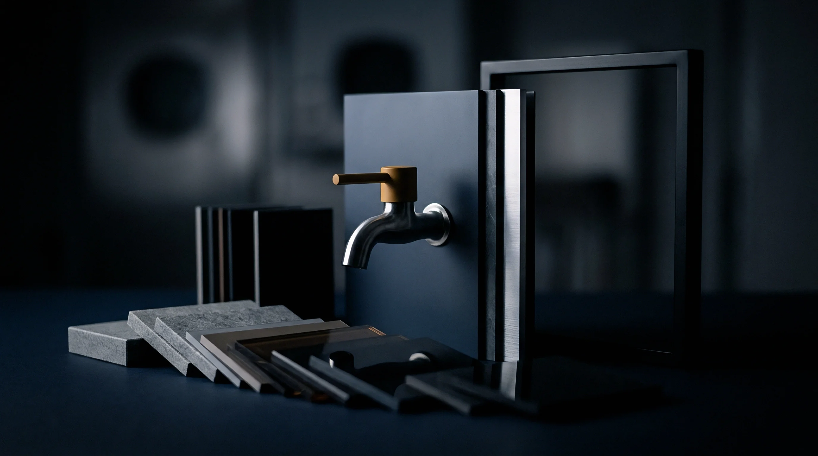A central plumbing fixture mounted on a matte polymer panel sits behind an array of layered material samples and industrial test plaques.