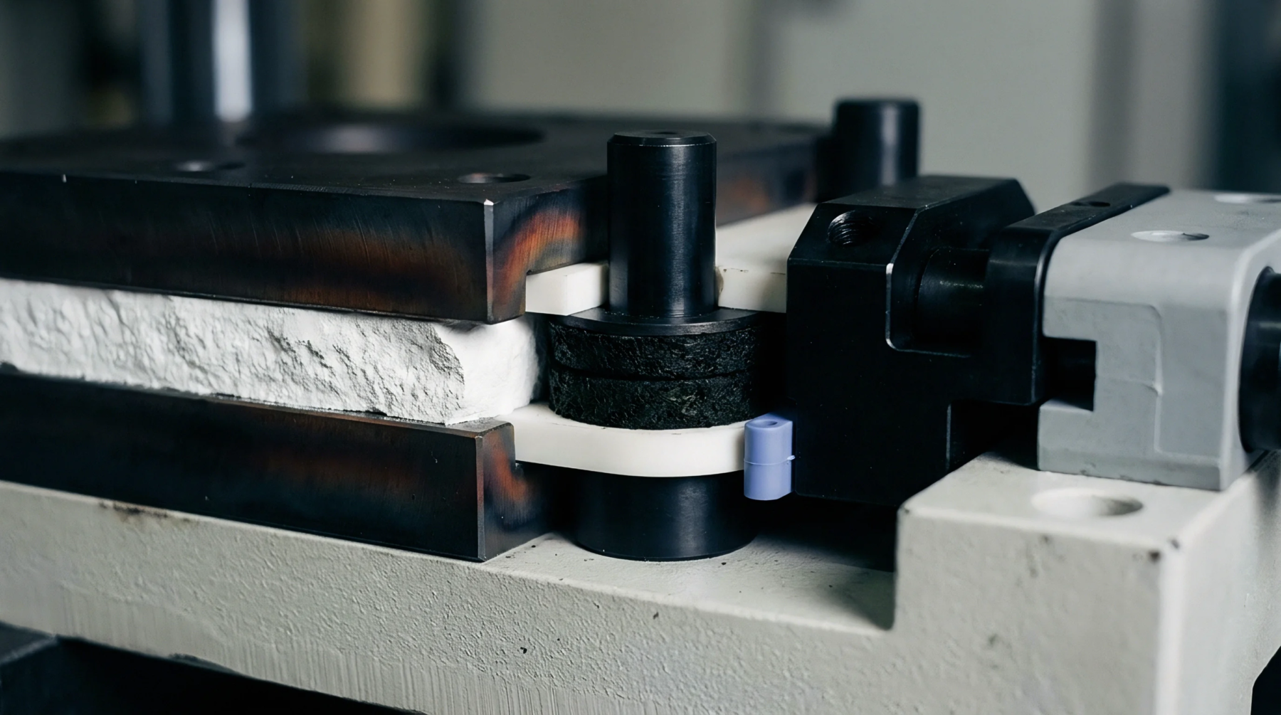 A brittle white composite sample rests between heavy steel plates held by mechanical alignment guides in a material testing assembly.