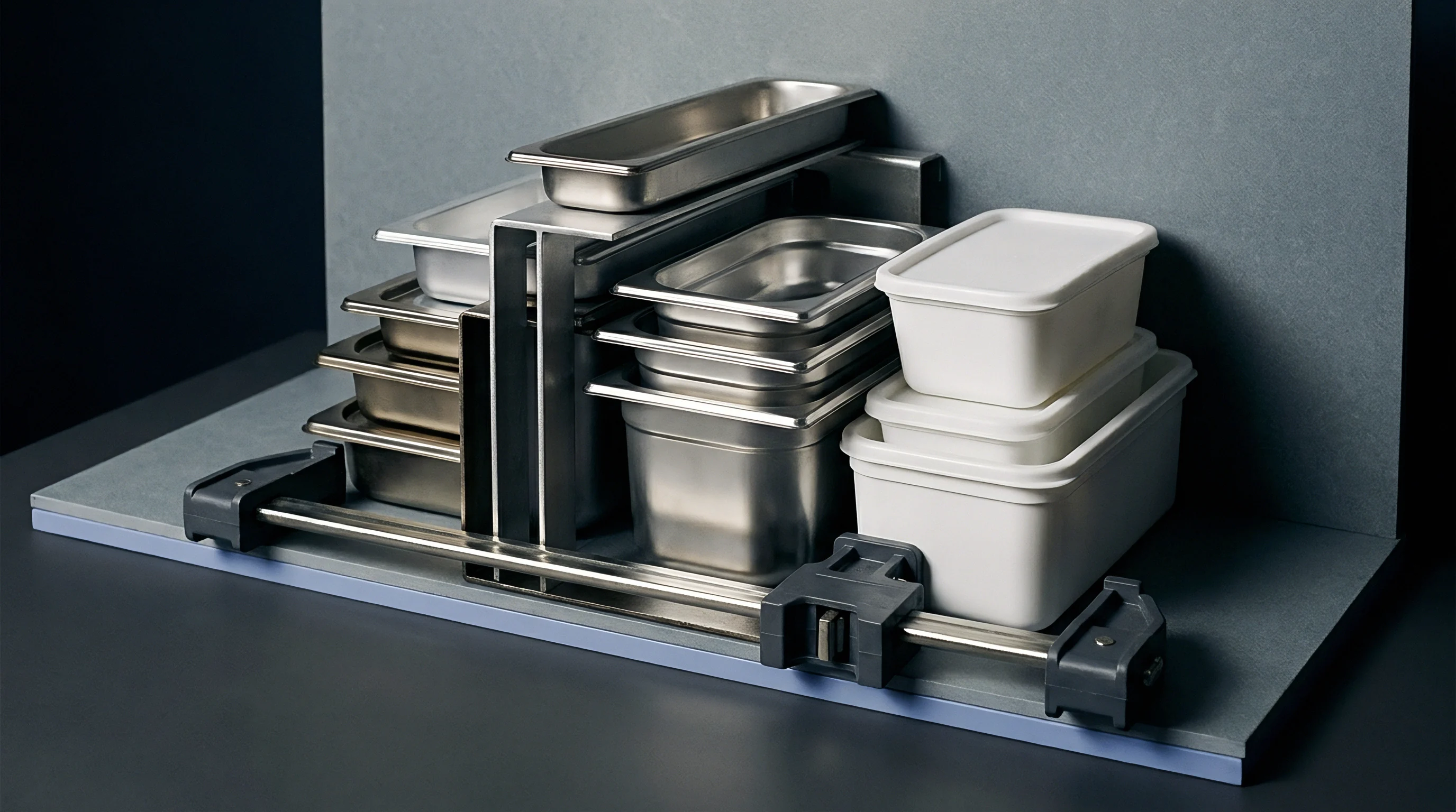 Injection moulded polymer storage boxes and stainless steel pans rest within an organizational metal frame on a grey workshop surface.