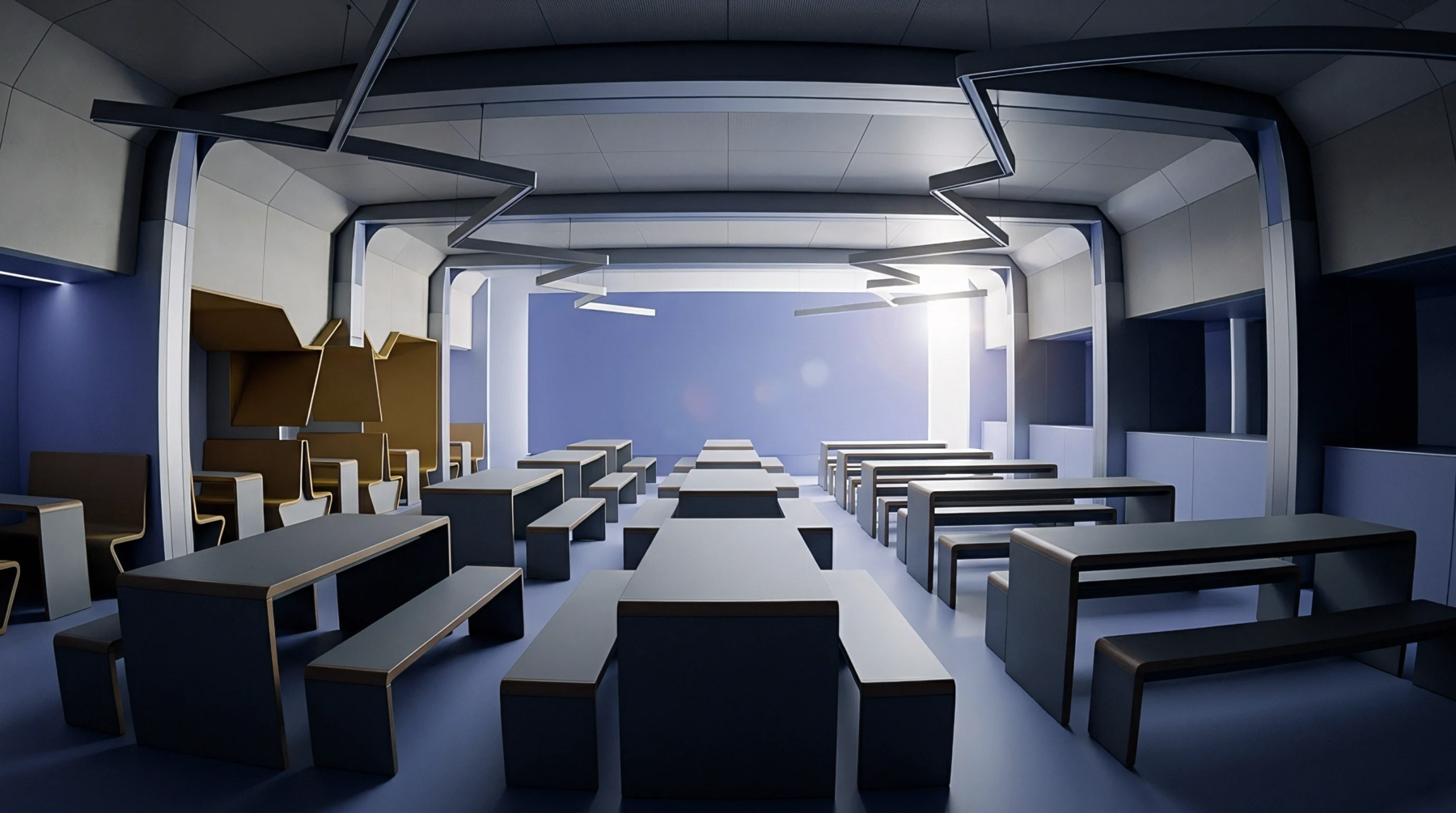 Digital render of modular polymer furniture containing seamless moulded components inside a structured industrial production facility.