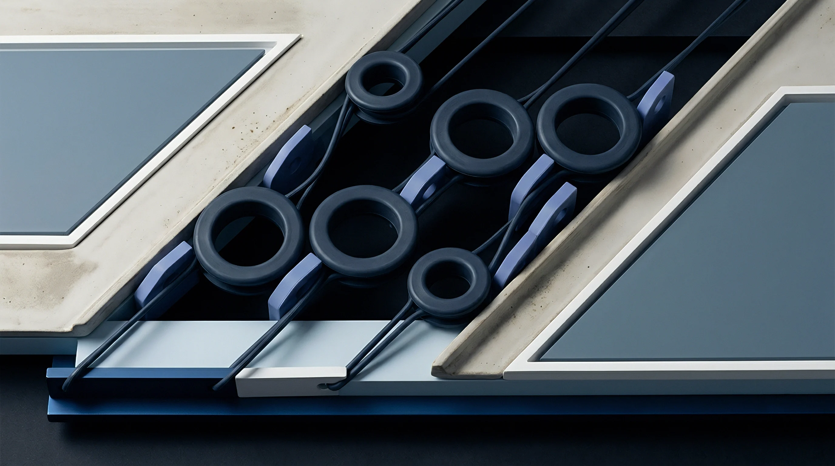 Injection moulded polymer rings and geometric panels align within a structured assembly frame for precise manufacturing and modular component integration.