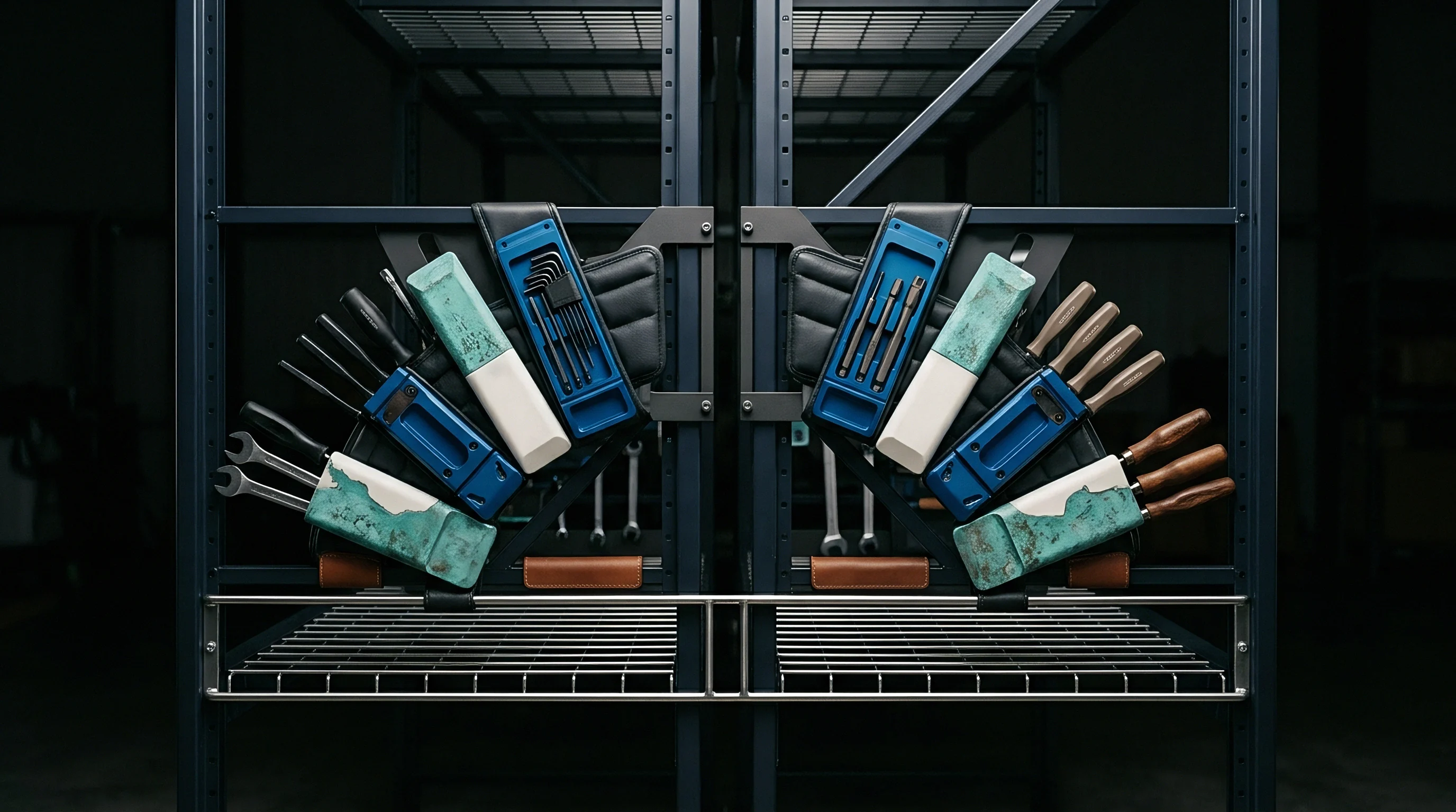 Symmetric industrial storage racks house modular polymer tool holders and injection molded brackets secured inside a manufacturing facility.