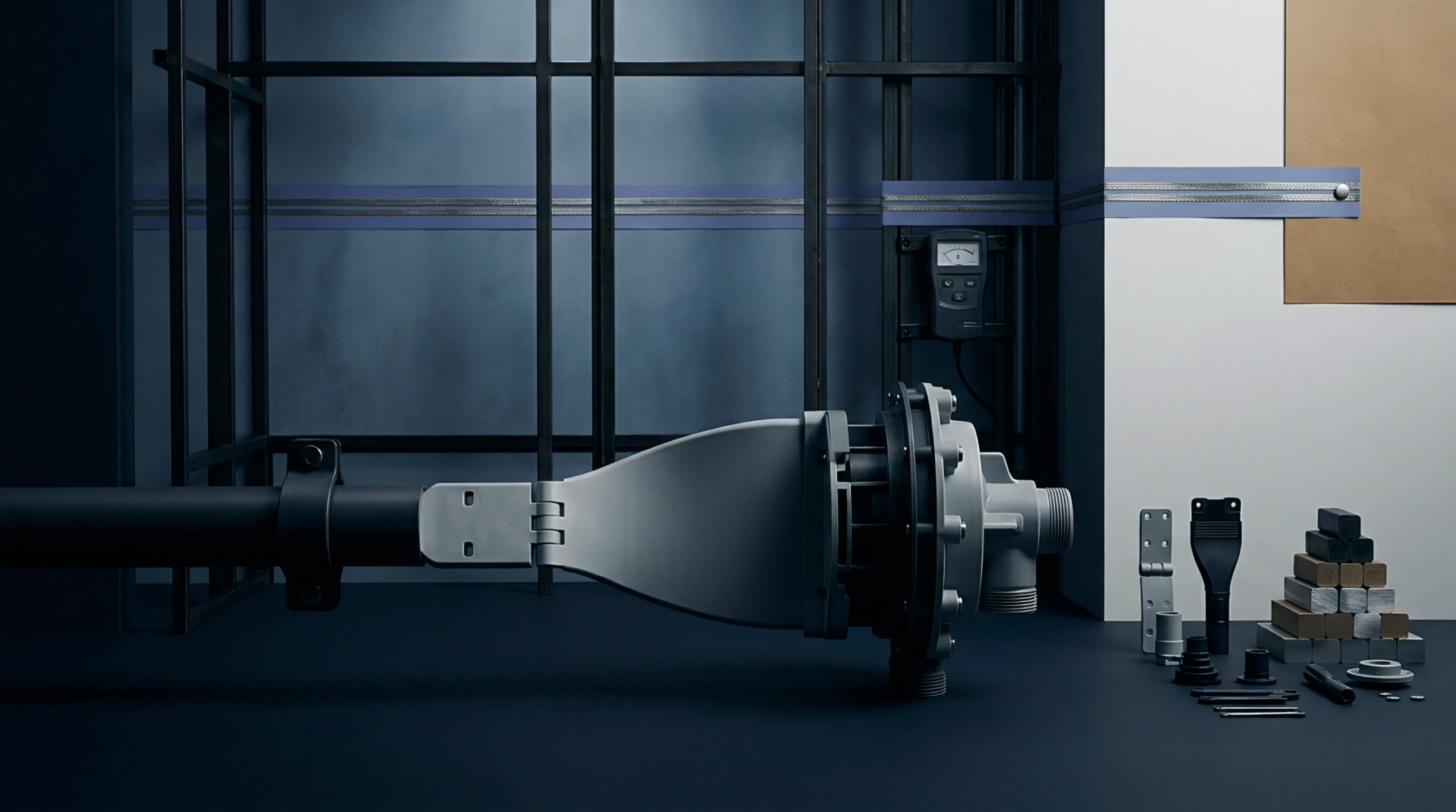 A rigid polymer junction connects to a horizontal pipe within a workshop setting containing assorted moulded accessories and a digital display meter.