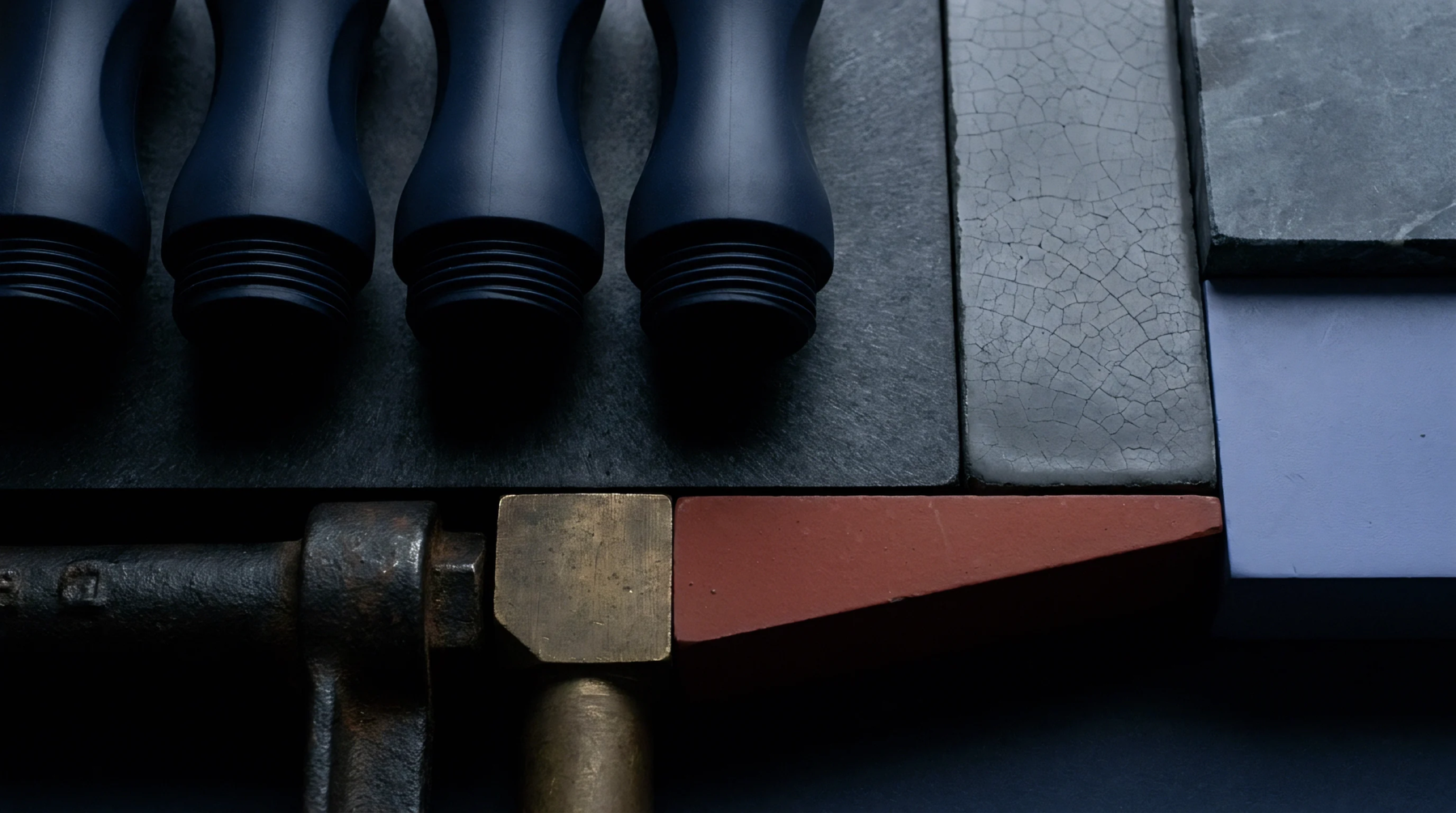 Four threaded injection molded polymer handles lie alongside mineral tiles and metal tooling elements on a dark workspace.