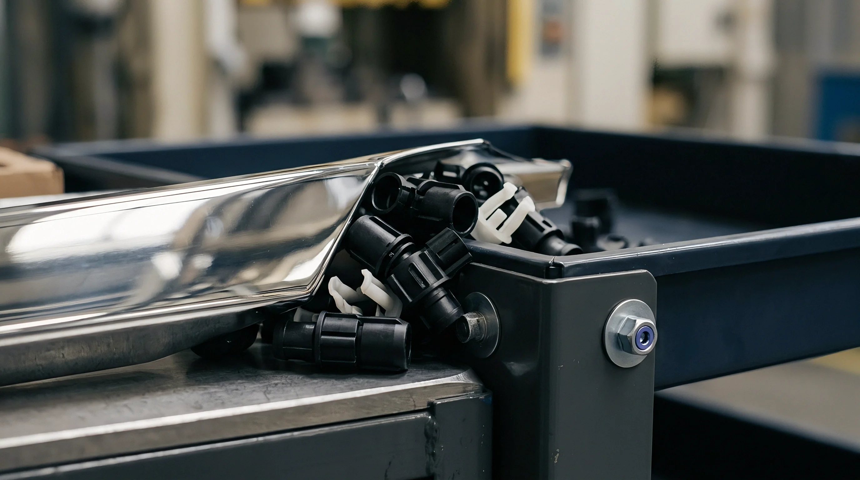 Injection molded polymer fasteners and clips spill from a blue industrial bin alongside a finished metal trim piece in a manufacturing facility.
