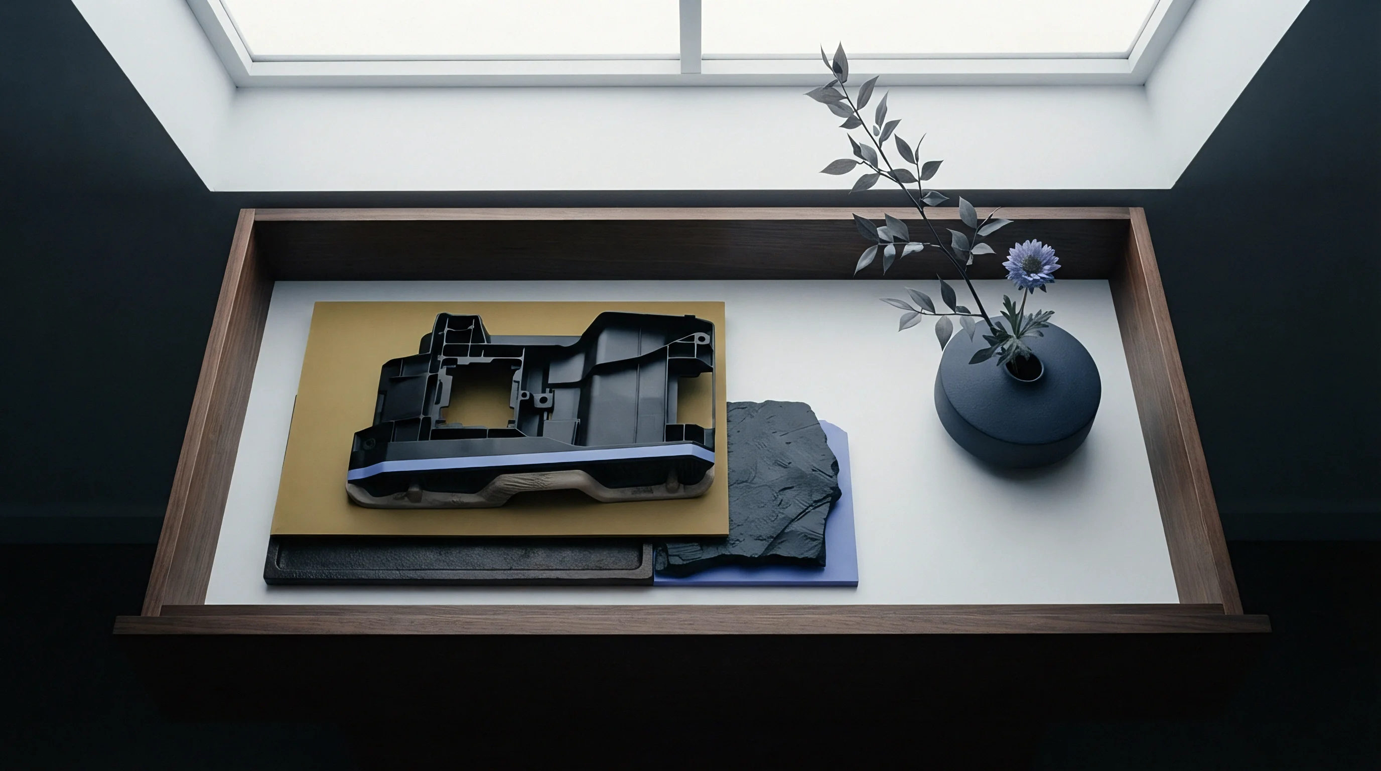 An industrial design material sample tray displays an injection molded polymer structural housing atop layered polymer sheets and textured mineral substrates.