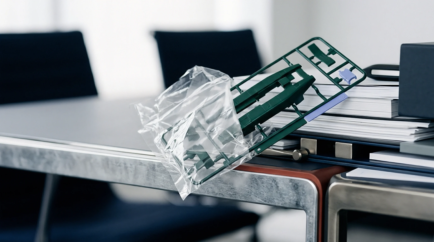 Green injection molded polymer runner components attached to a sprue rest inside a transparent polyethylene film bag upon stacked office documents.