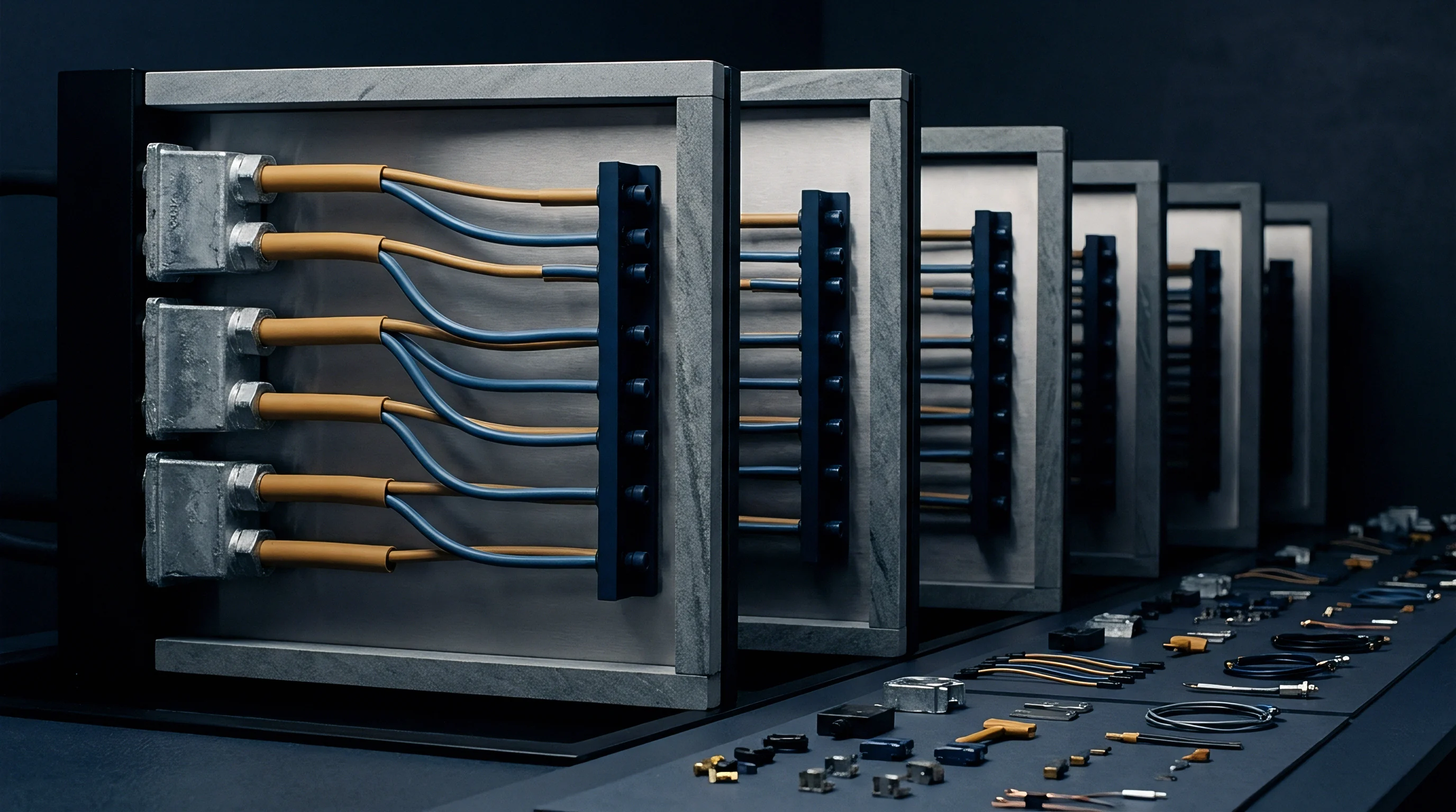 Rowed vertical panels hold structured cable manifolds with insulation beside individual loose plastic parts and electrical connectors upon a grey industrial work table.