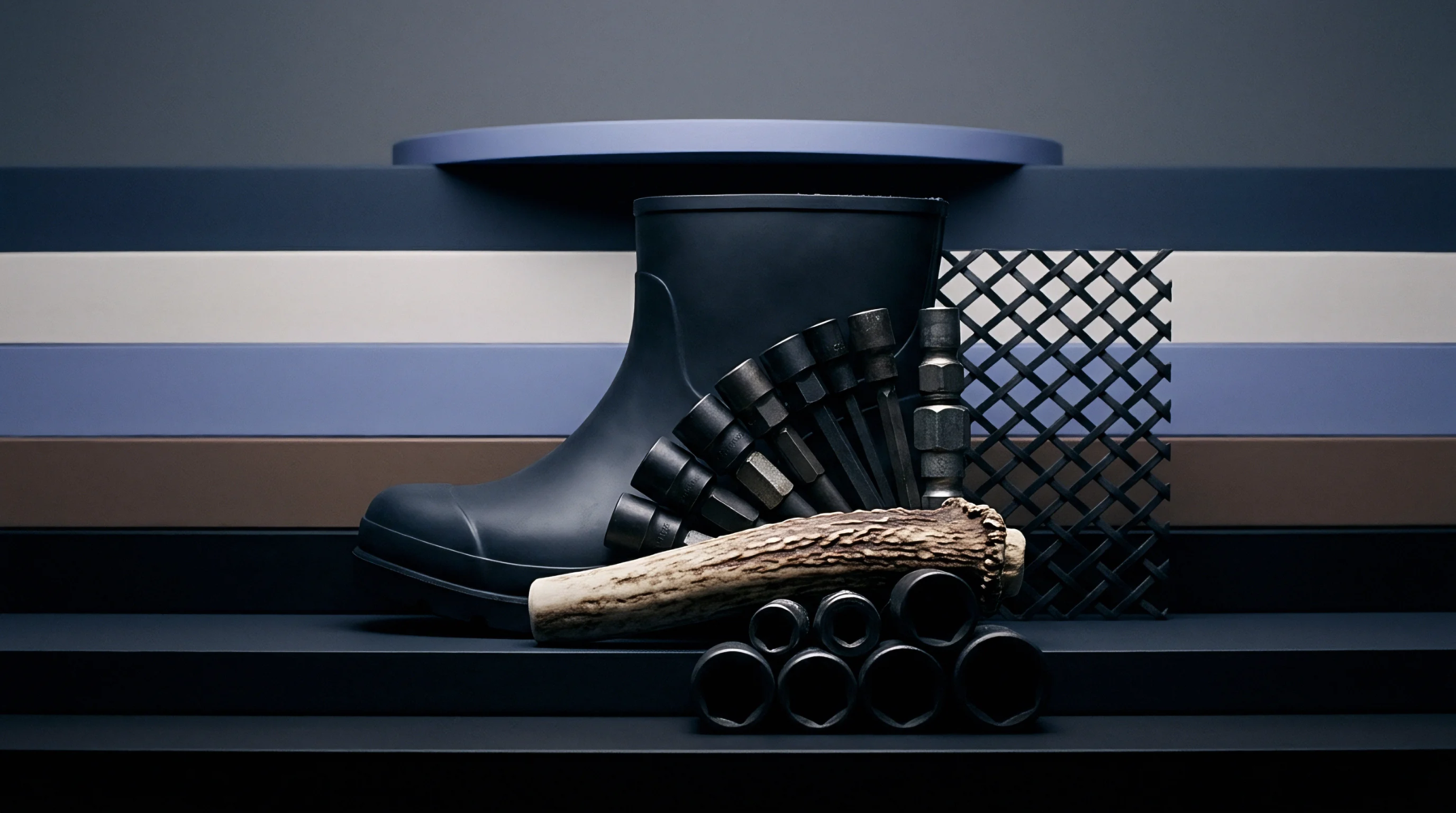 An elastomer boot and a polymer grid sit alongside steel tooling components and an organic horn on dark horizontal bands.