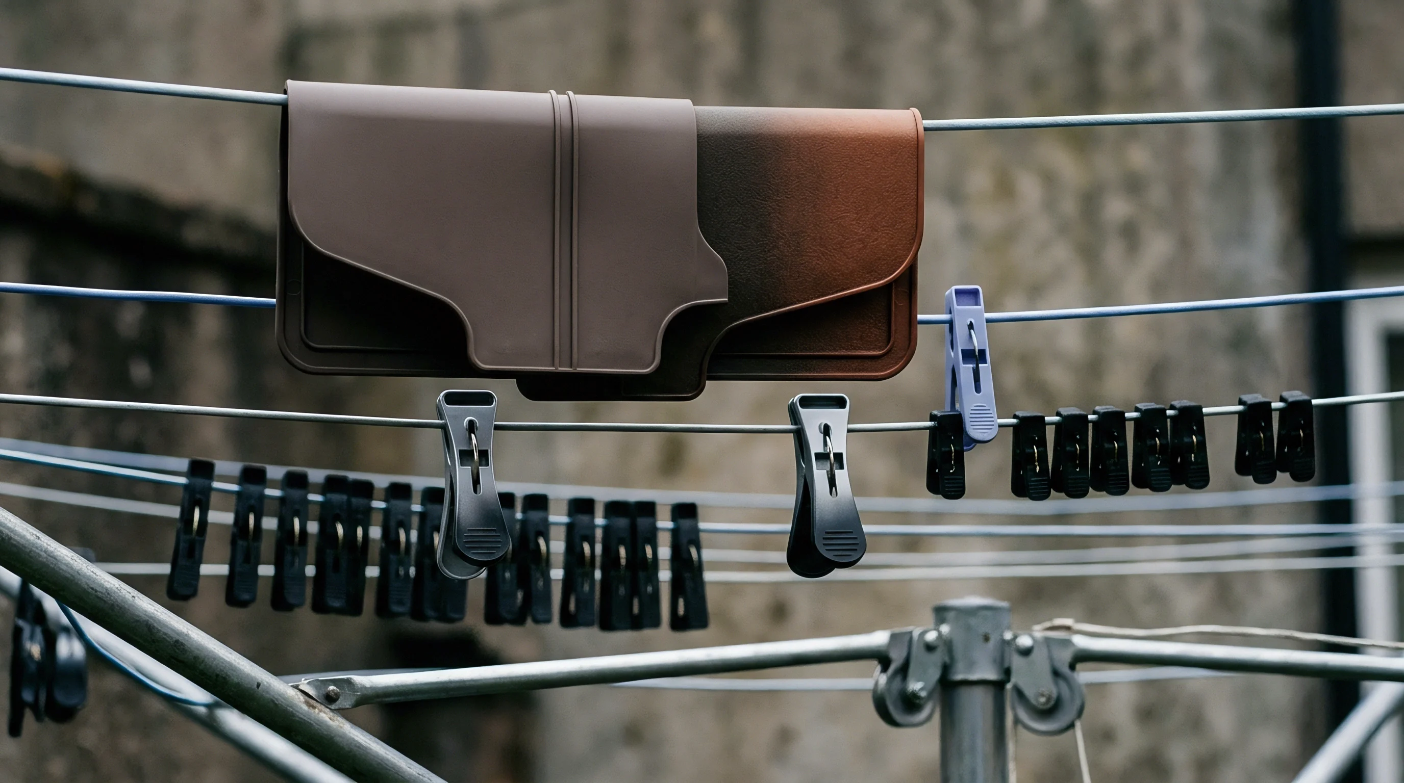 The image displays two large molded polymer components suspended on metal drying lines alongside various plastic clothespins outdoors.
