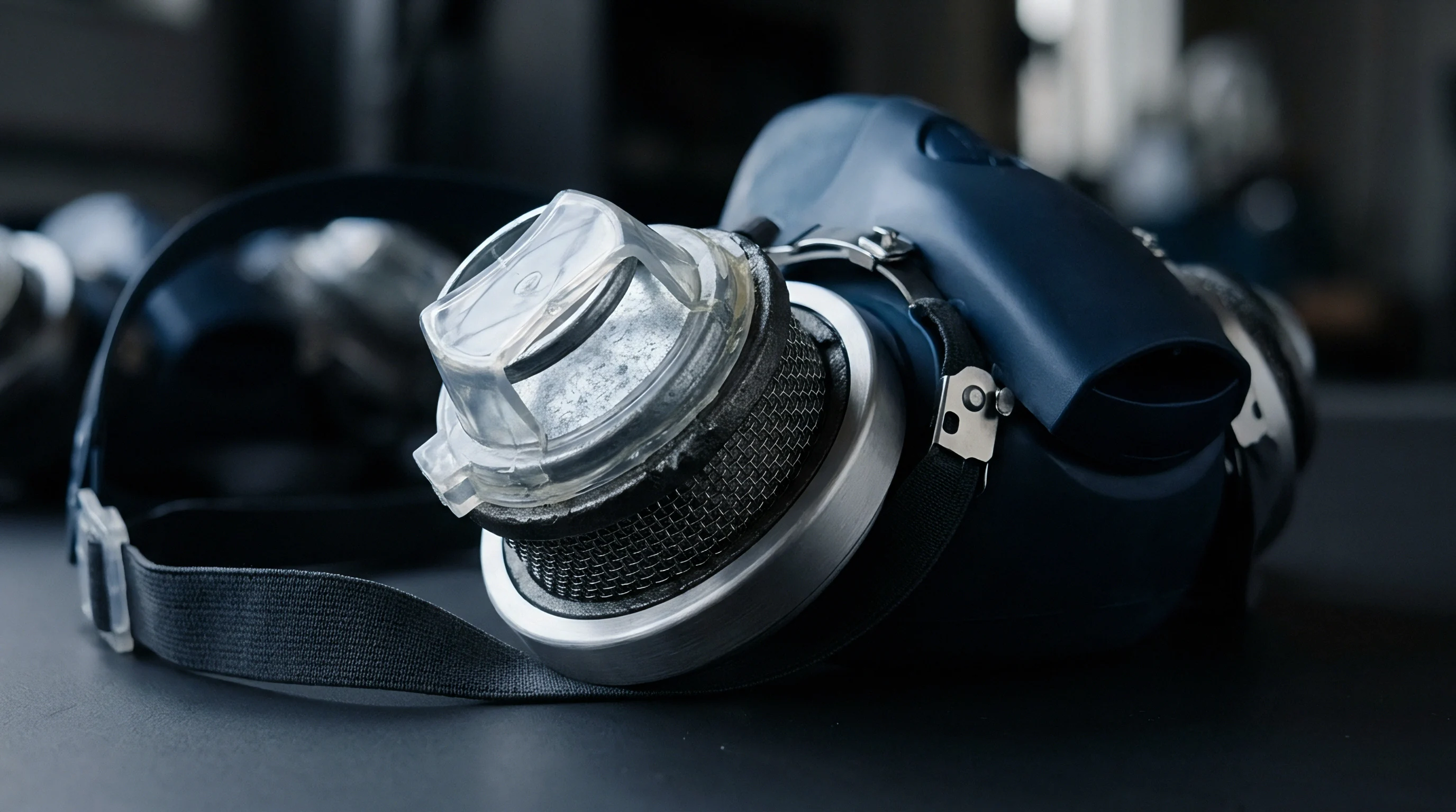 A dark blue polymer respirator with a transparent filter housing containing granular media rests on a dark, reflective surface.