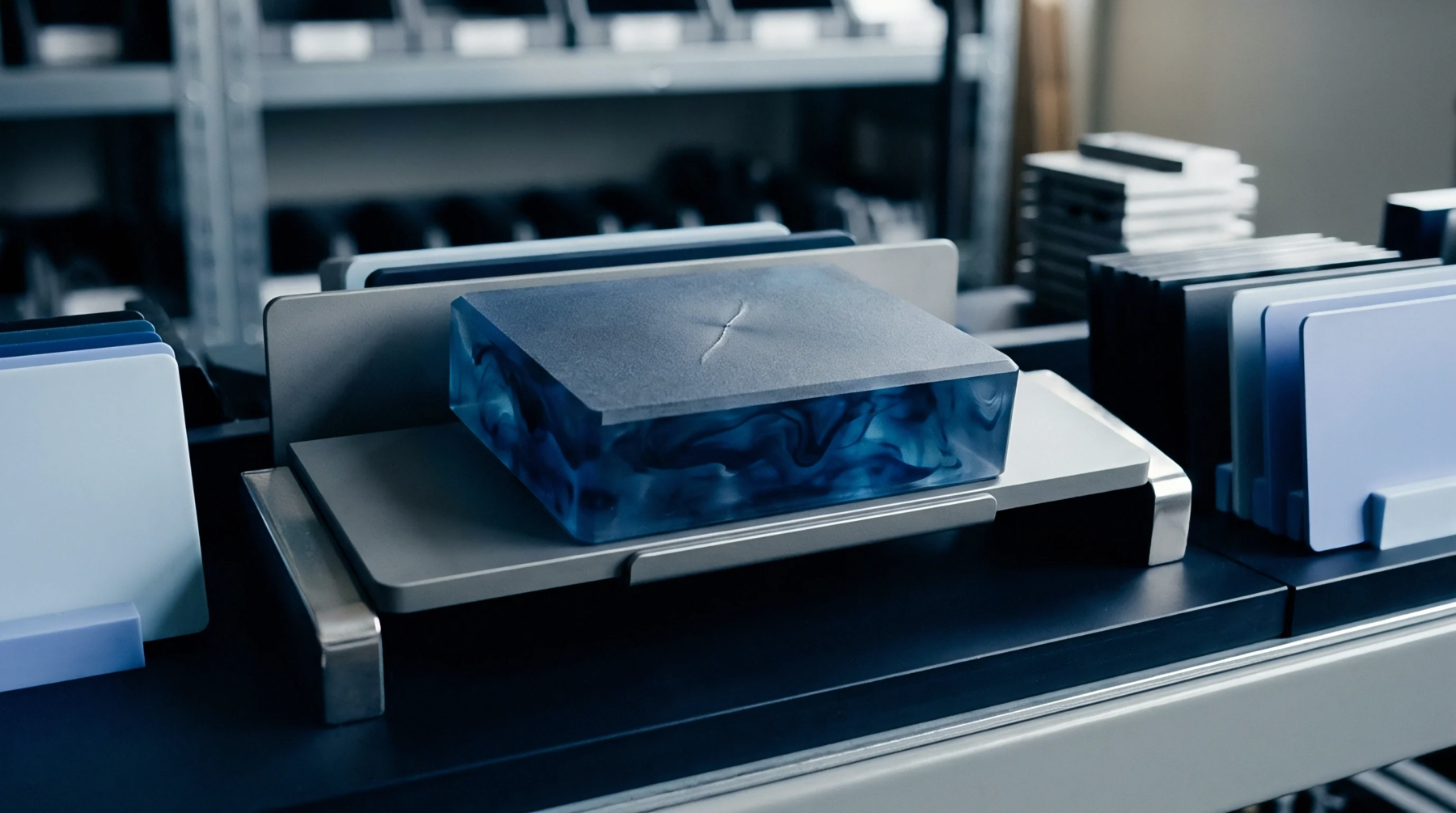 A translucent rectangular polymer block featuring swirling blue pigment patterns rests on a silver conveyor tray in an industrial setting.